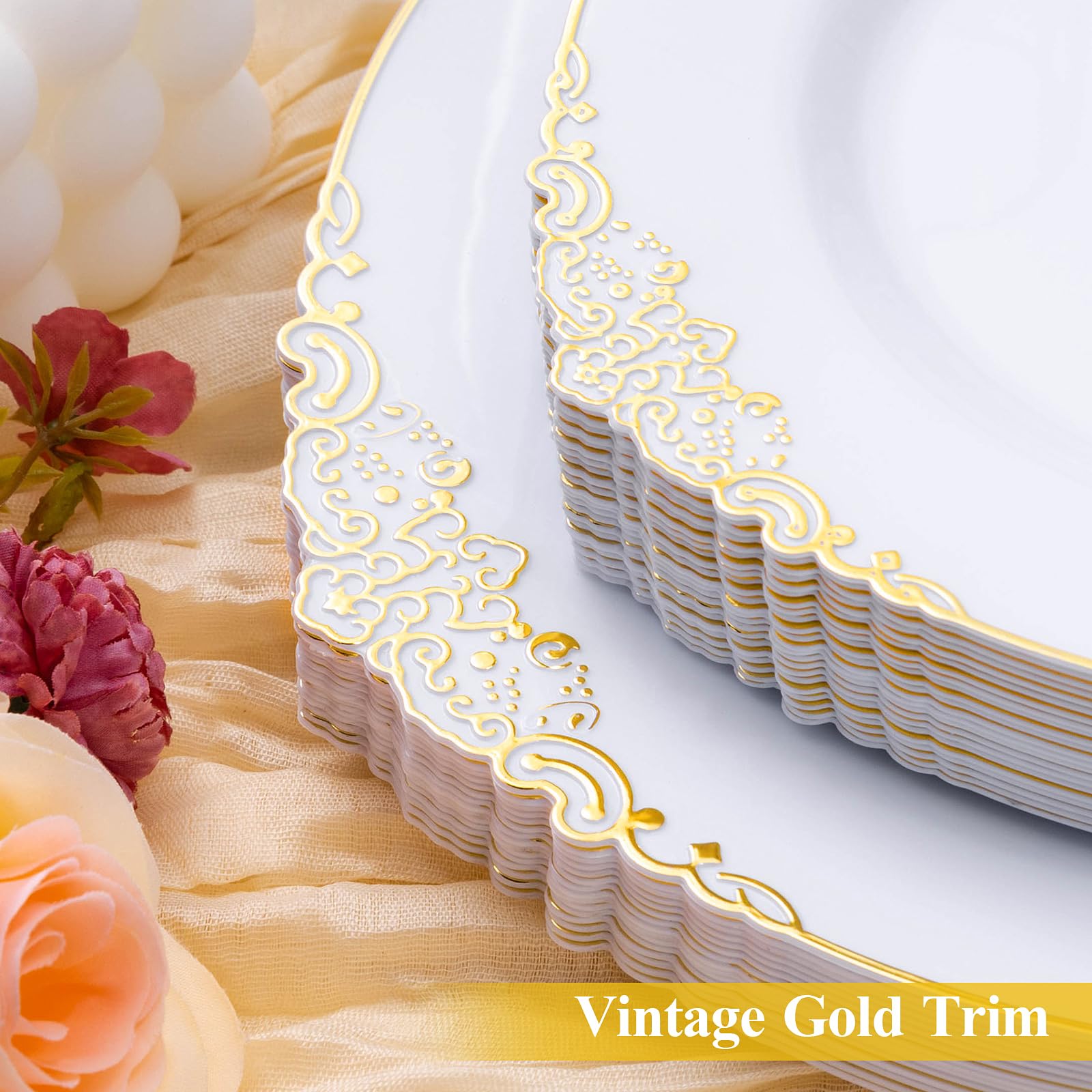 Bestluck 100 Pcs White And Gold Plastic Plates For 50 Guests, Gold Disposable Plates Include 50 Pcs Dinner Plates, 50 Pcs Desser