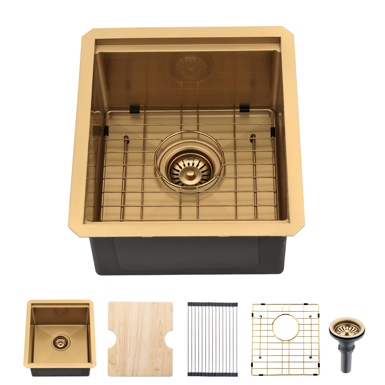 Boomhoze Gold Bar Sink, 15 X 17 Inch Kitchen Sink Undermount Small Bar Sink 16 Guage Stainless Steel Gold Sink Wet Bar Sink Rv S