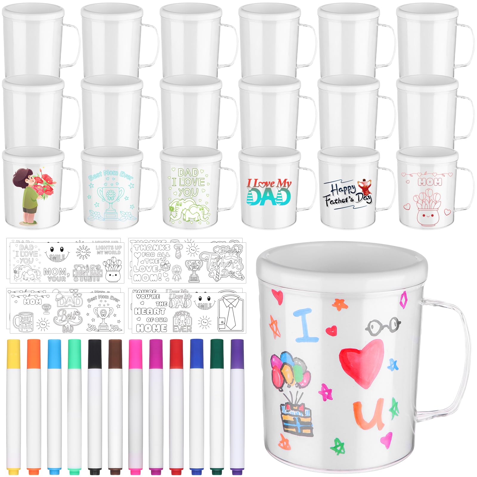 DAVAXI 30 Pcs Painted Mug Kit for Kids Bulk 8 oz Plastic Mugs with Handle