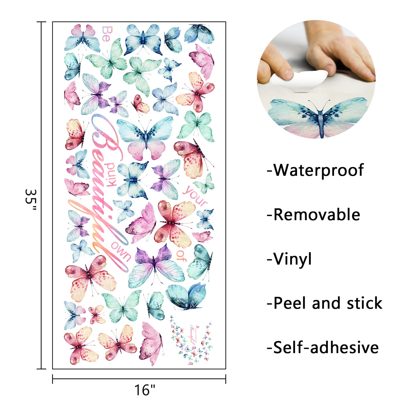 Mfault Girls Butterfly Be Your Own Kind Of Beautiful Inspirational Quote Wall Decal Sticker, Watercolor Positive Saying Decorati
