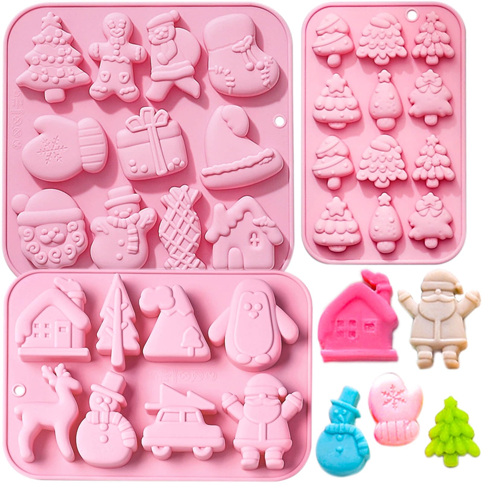 3 Pack Christmas Silicone Baking Mold, Christmas Tree Holiday Silicone Molds Soap Candy Molds for Chocolate Jello Snowman Ginger