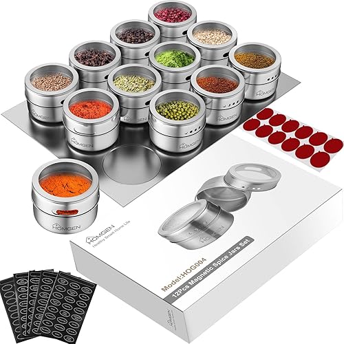 HOMGEN 12PCS Stainless Steel Magnetic Spice Jars Set 3.4oz Magnetic Spice Containers Magnetic Spice Jars for Refrigerator BBQ Magnet Spice Tins Set with Lids Labels and Chassis for Kitchen Camping etc
