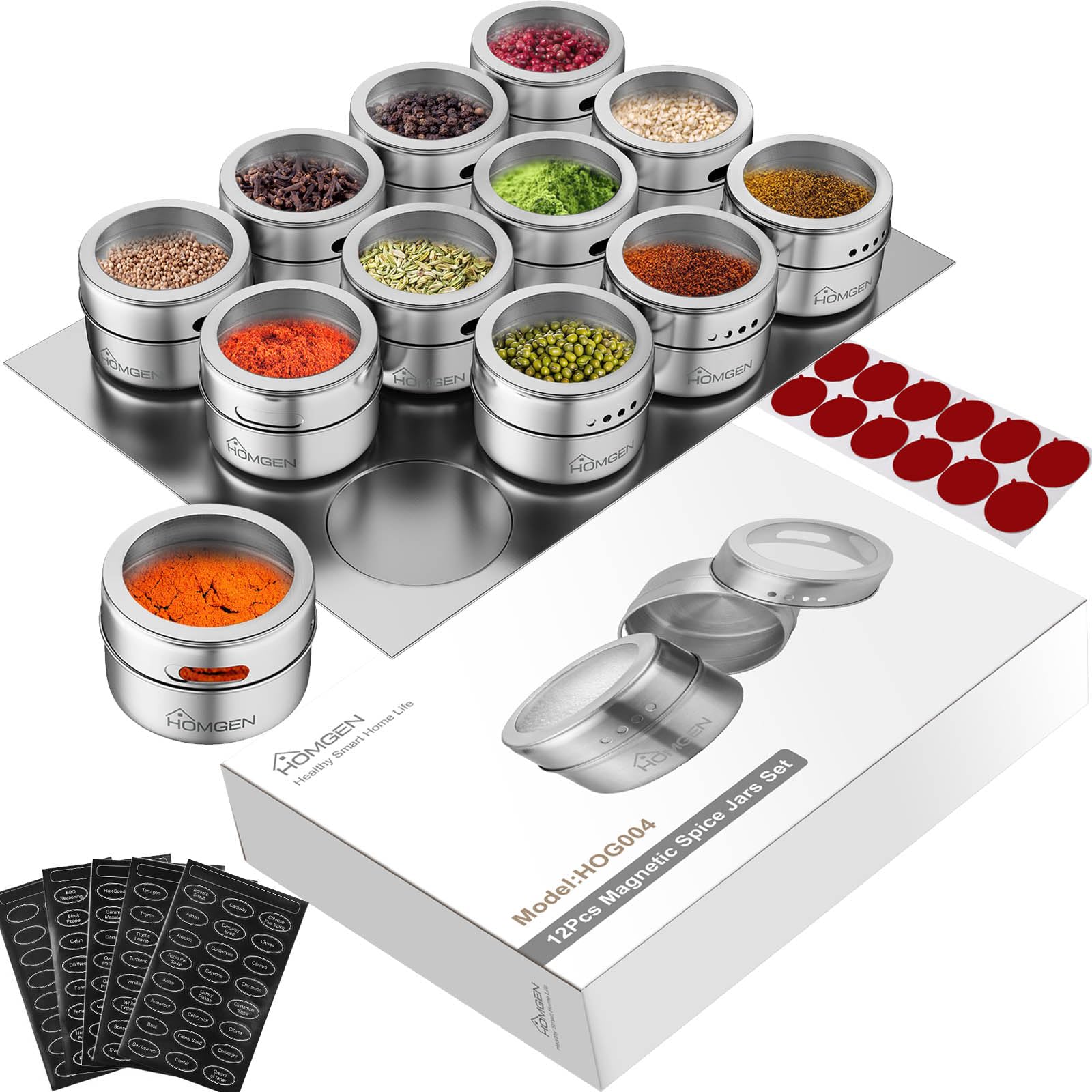 Homgen 12Pcs Stainless Steel Magnetic Spice Jars Set 3.4Oz Magnetic Spice Containers Magnetic Spice Jars For Refrigerator Bbq Ma