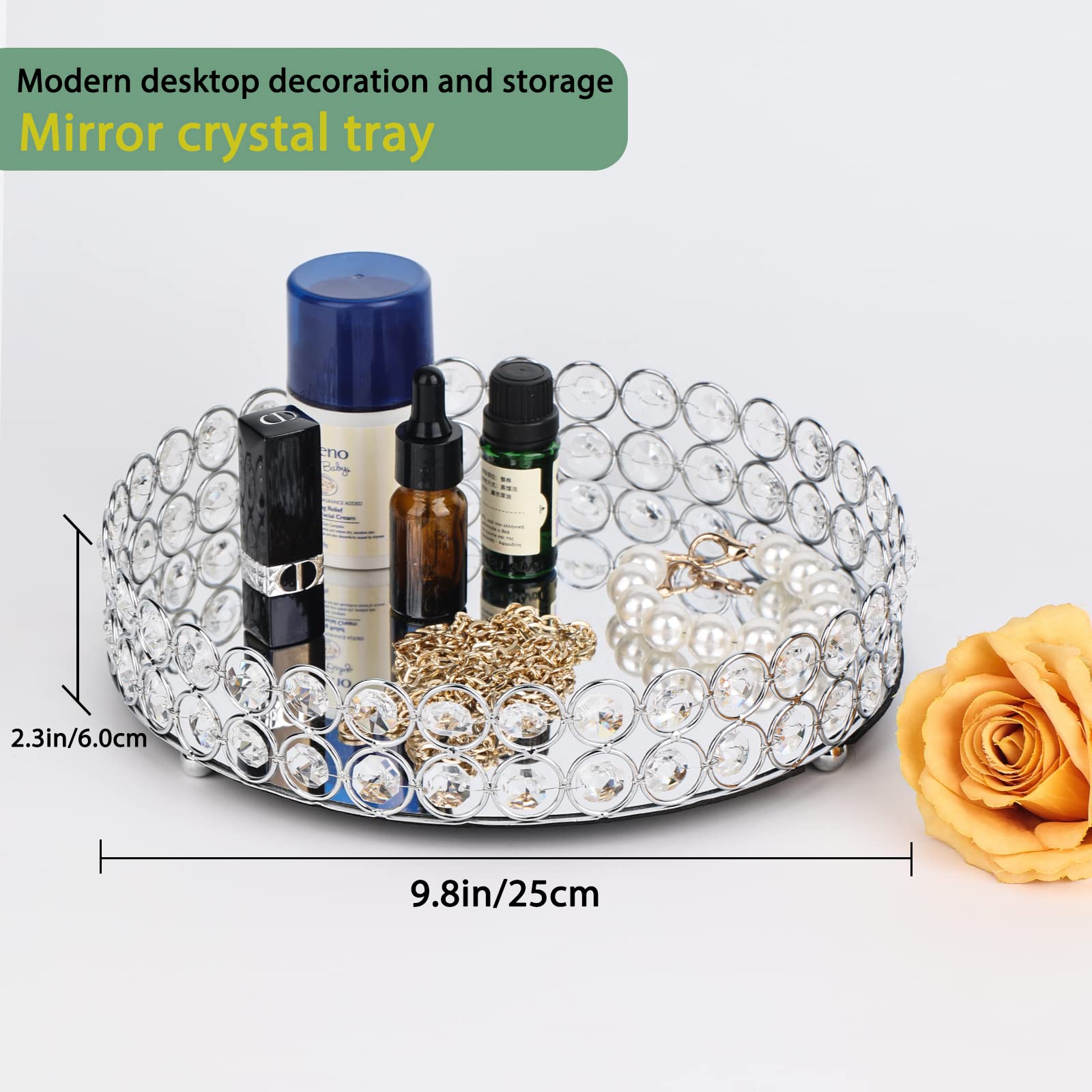 Elegant Silver Crystal Mirror Perfume Tray For Vanity, Coffee Table, And Home Decor - Small Glass Tray For Jewelry, Perfume, And