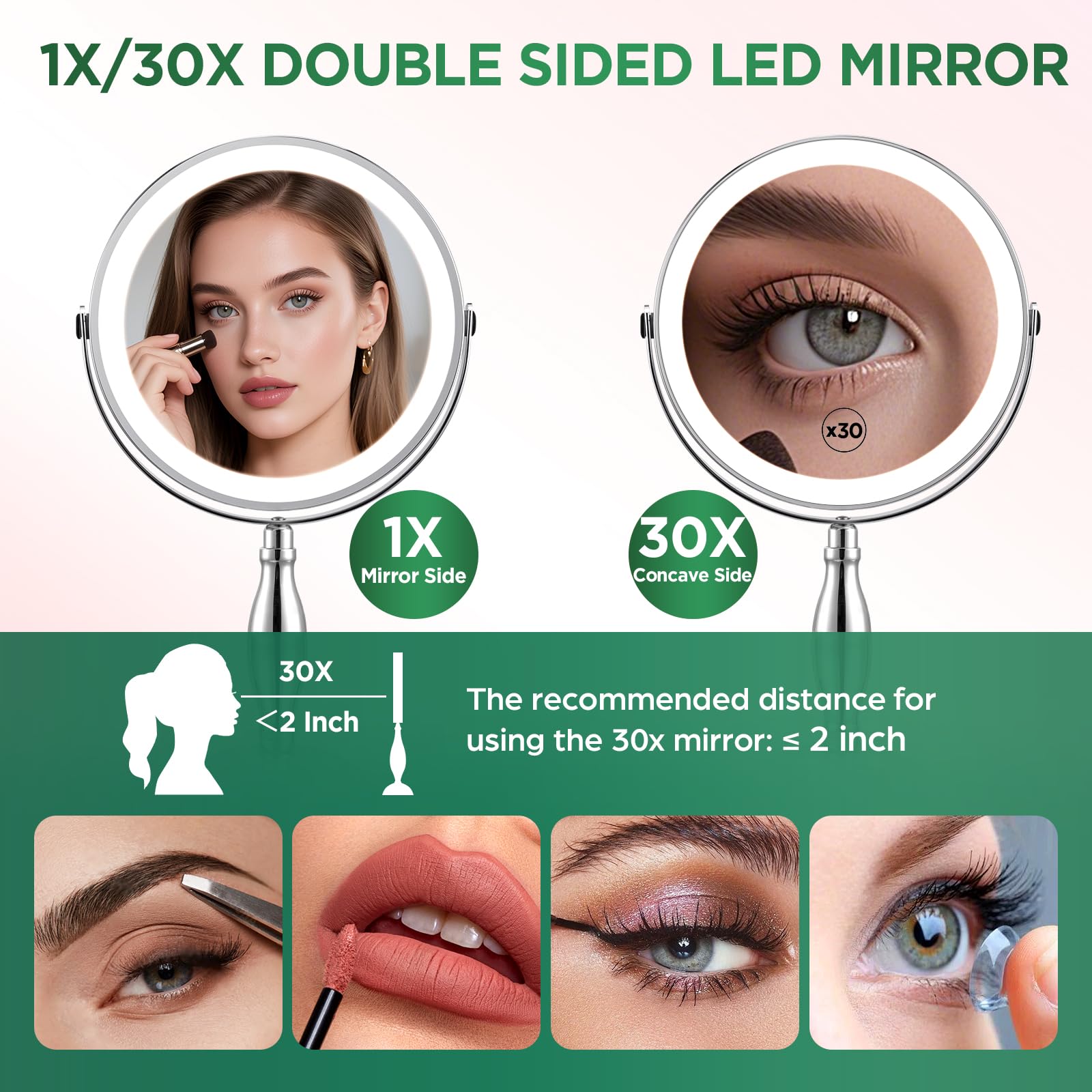 DASLAVA 30x Magnifying Mirror, Lighted Makeup Mirror with 3 Colors Modes & Adjustable Brightness, 360 Rotation Double Side, Larg