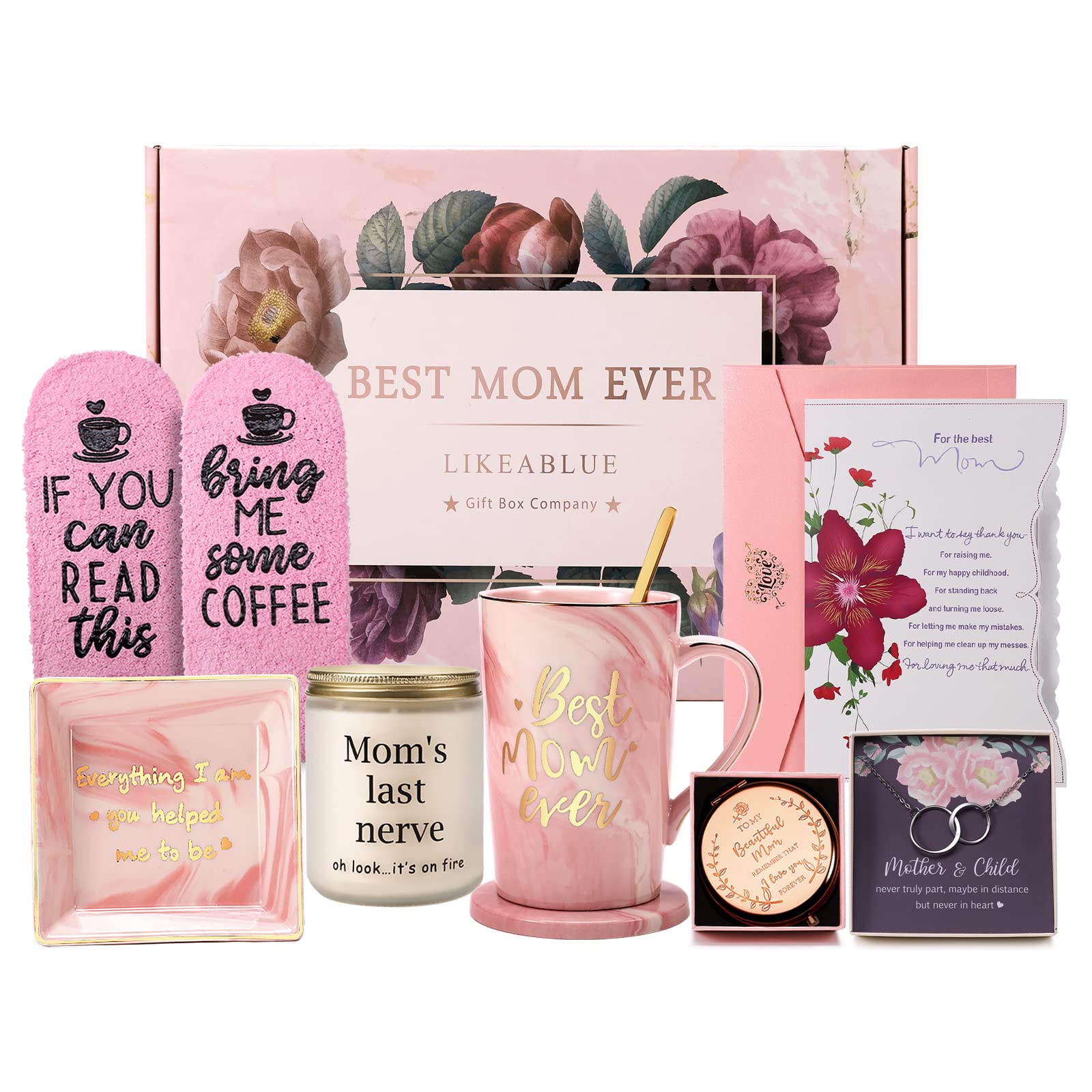 Mothers Day, Happy Birthday Gift Basket For Mom, Women, Wife, Mother In Law, New Mom. Christmas Gift, Coffee Mug Set, Necklace,