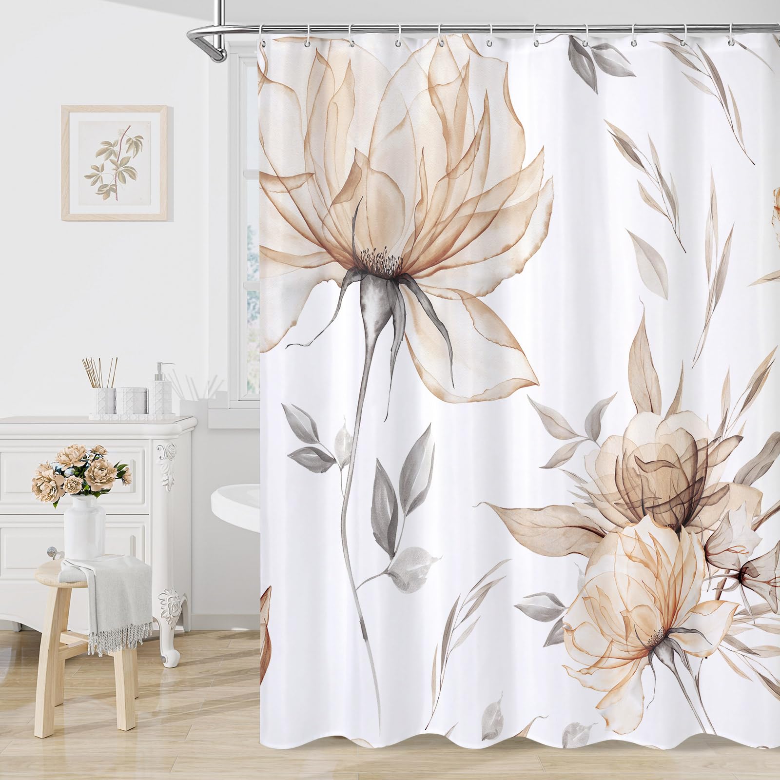 Litabel Small Stall Boho Watercolor Floral Shower Curtain 36 X 72, Orange And Grey Ink Painting Style Flower Shower Curtains For