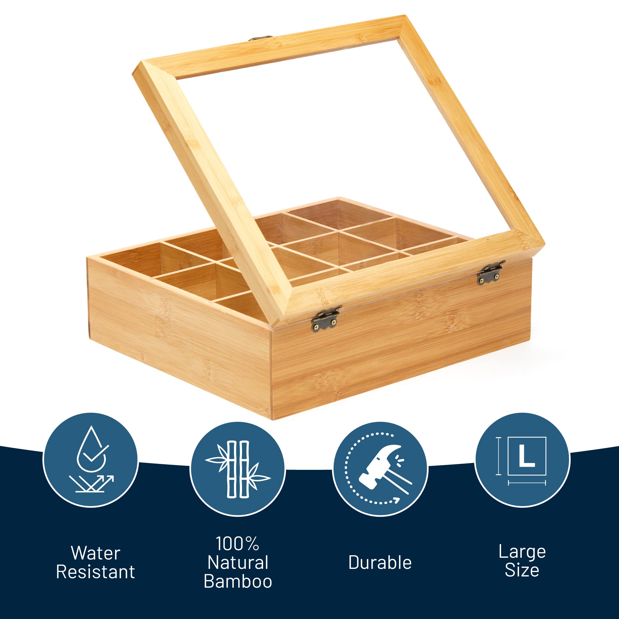 RoyalHouse Big Natural Bamboo Tea Storage Organizer with Clear Acrylic Top Window  12 Compartments Eco-Friendly Tea Bag Holder  Multi-Functional Storage Box