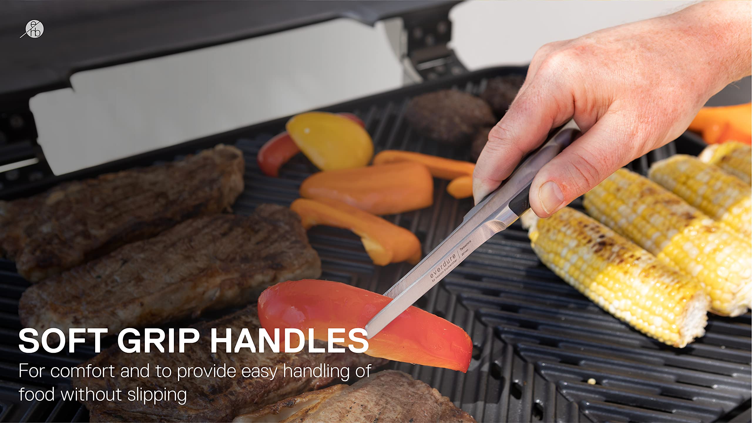 Everdure By Heston Blumenthal Premium Medium Grilling Tweezers: Brushed Stainless Steel, Soft Grip Handle And Lightweight, Perfe