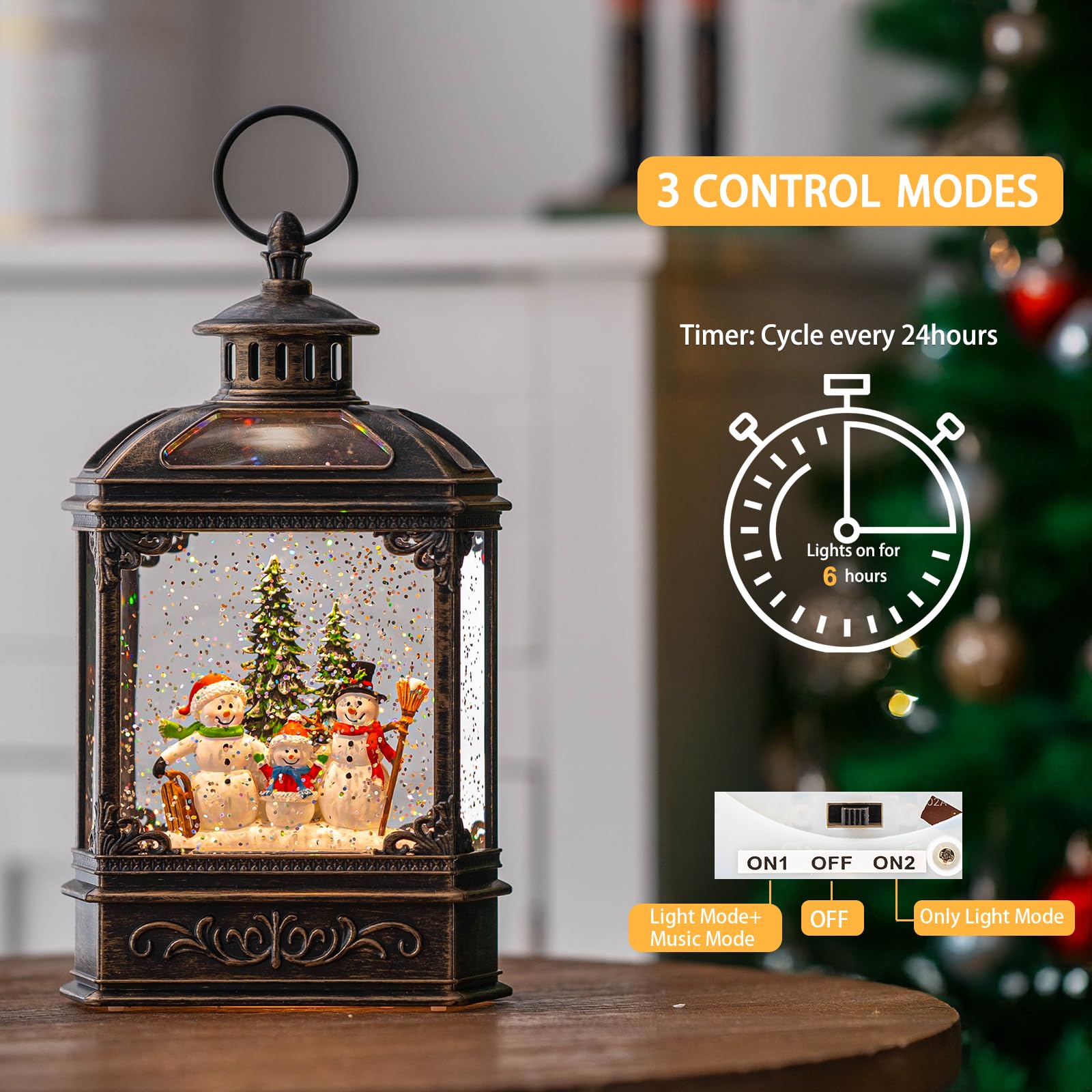 Christmas Snow Globe Lantern Water Glittering Snowman Family with Music & Timer, USB Lined/Battery Operated Lighted Lantern for