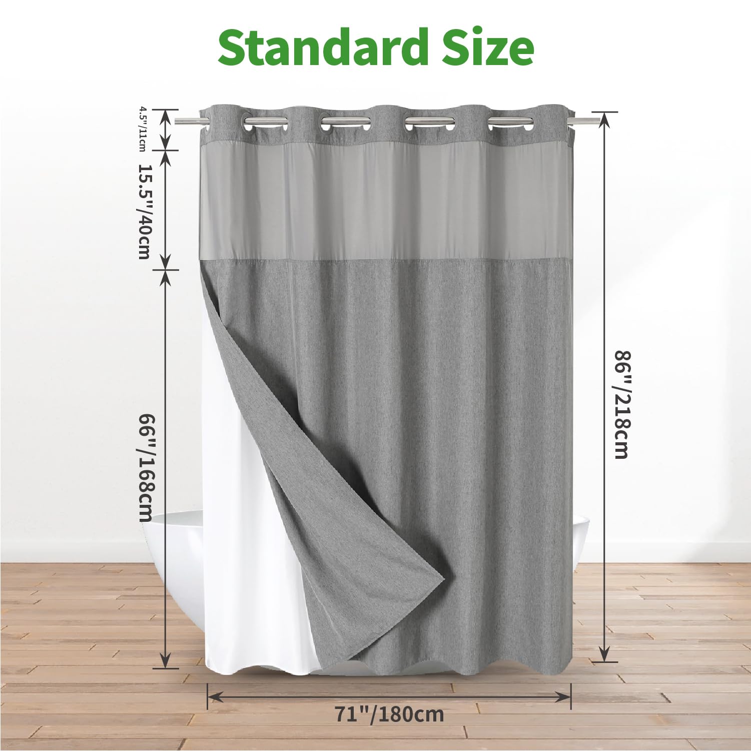Eachope Extra Long No Hooks Needed Linen Textured Shower Curtain With Snap-In Fabric Liner Set,Grey Hotel Luxury Decor Shower Cu