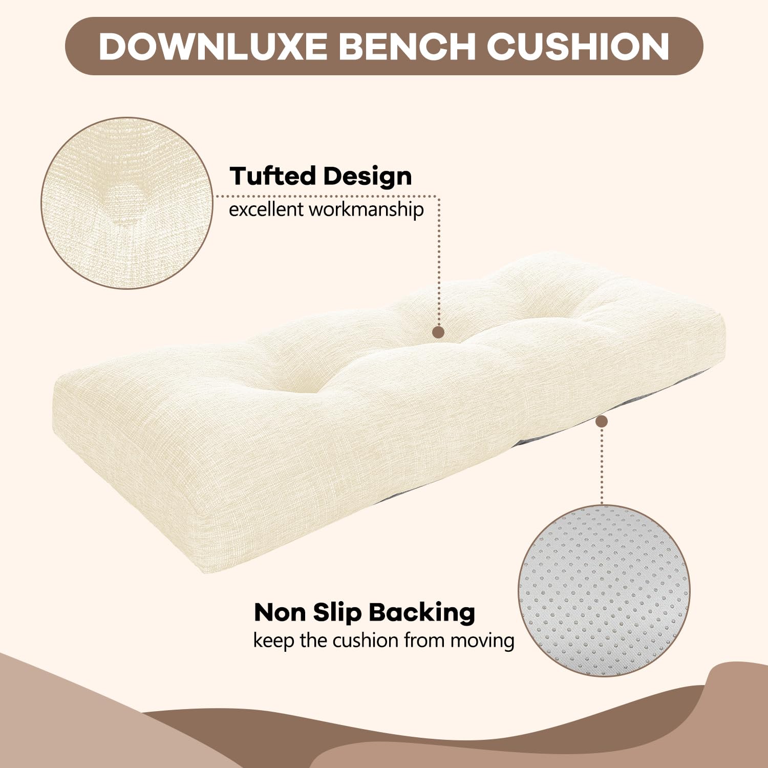 Downluxe Indoor Bench Cushion For Indoor Furniture, Non-Slip Tufted Overstuffed Textured Memory Foam Bench Seat Cushion, 36'' X
