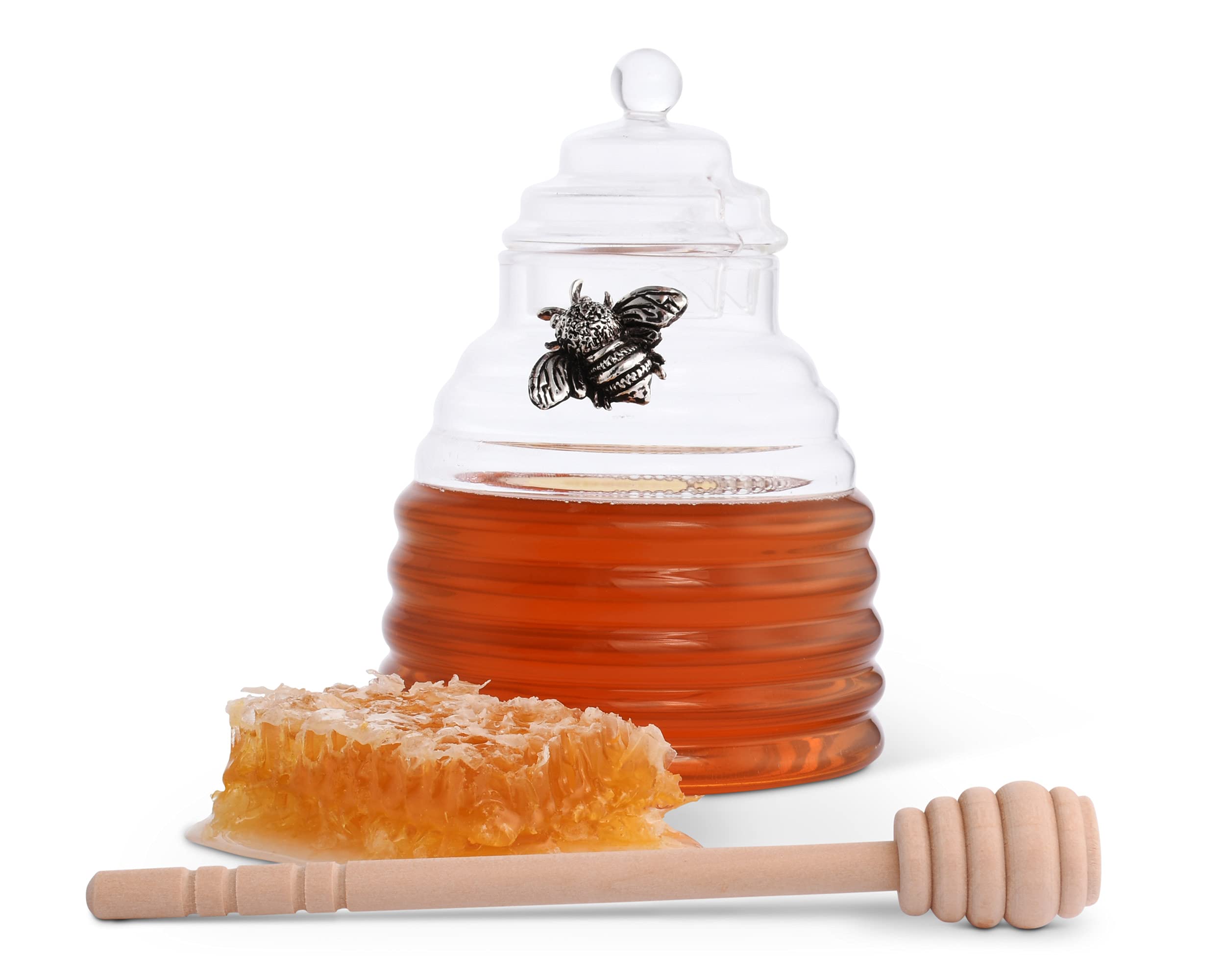 Arthur Court Bee Honey Jar And Dipper Set - Beehive Honey Dispenser For Storing Honey And Syrup - Wooden Honey Dipper, Great As