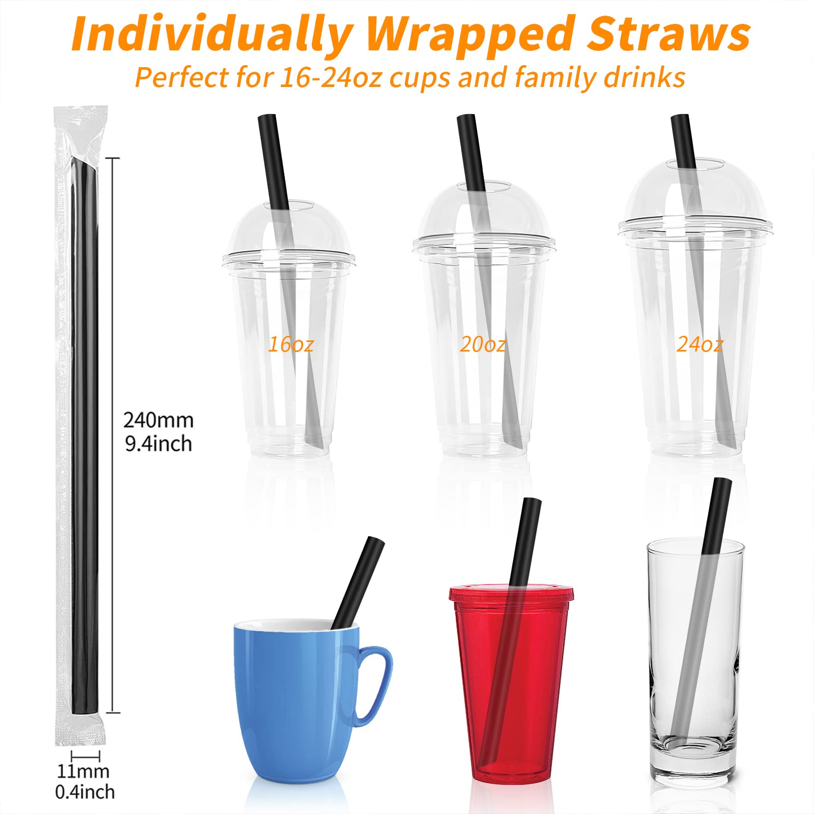 MYJIE 300 Pcs Black Boba Straws Jumbo Smoothie Straws Individually Wrapped Plastic Disposable Wide-mouthed Large Straws(0.43'' Wide X 9.45'' Long)