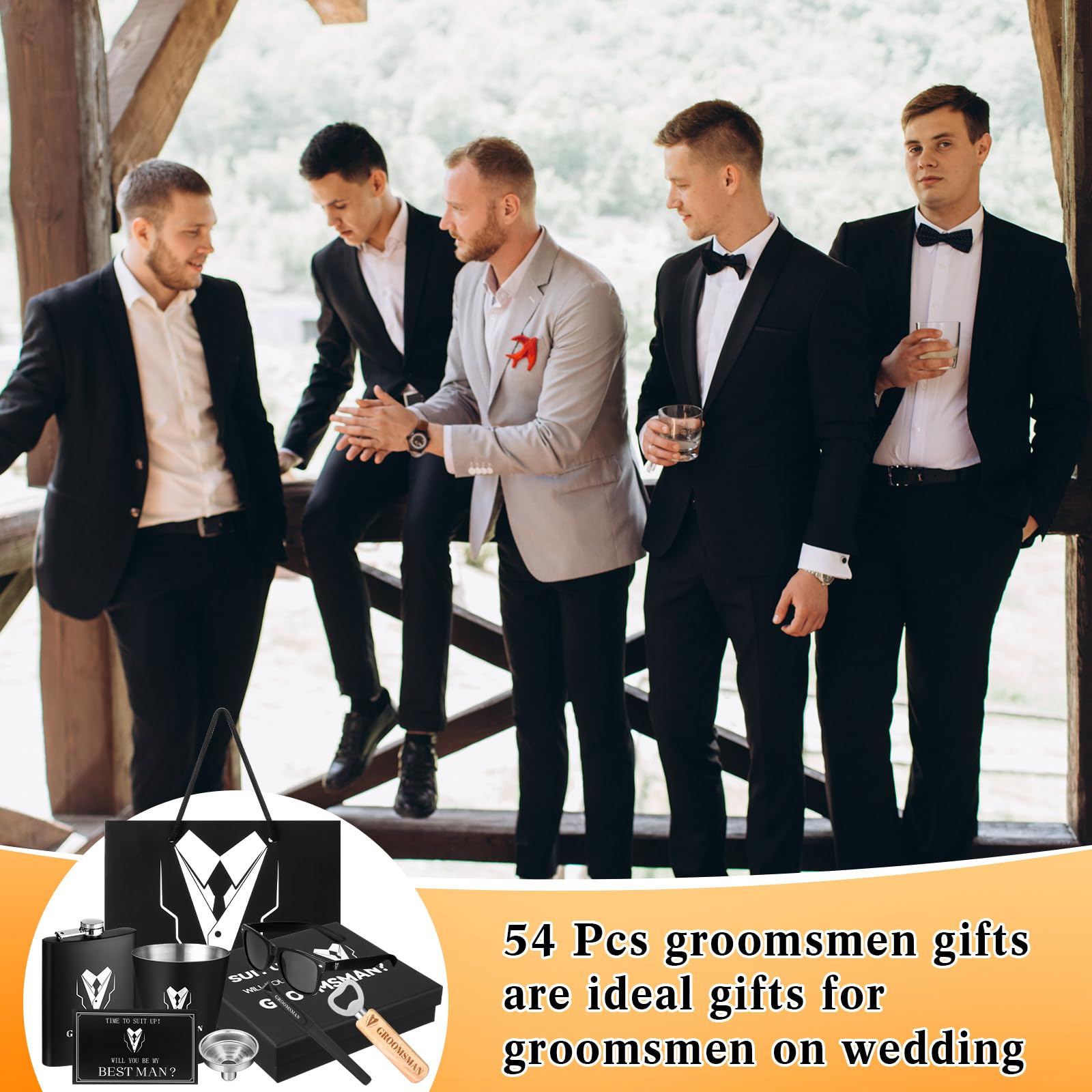 Layhit 54 Pcs Groomsmen Gifts Set Of 6, Groomsmen Proposal Gift Set, 6 Flask And 12 Stainless Steel Shot Glass 6 Wood Bottle Ope