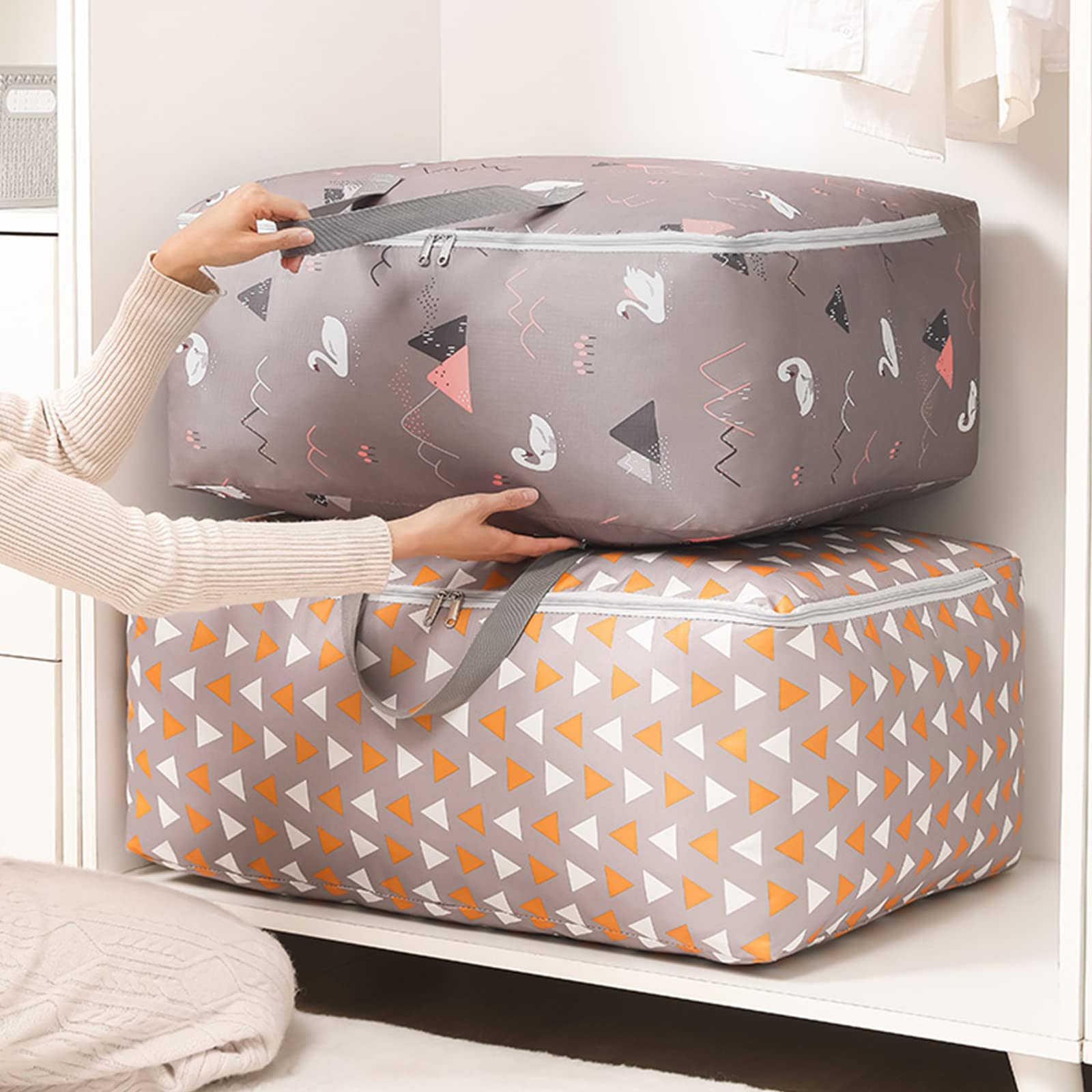 Wolpin Non-Woven Extra Large Size Underbed Storage Bag Waterproof (58 X 40 X 23 Cm) - Zippered Closure & Handle Swan Print, Rect