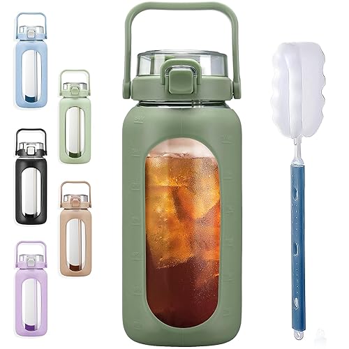 BLUEGO 64 oz Glass Water Bottles with Straw Time Marker Half Gallon Large Motivational Bottle Silicone Sleeve 2 Liter Jug for Gym  Sports& Workout  Olive
