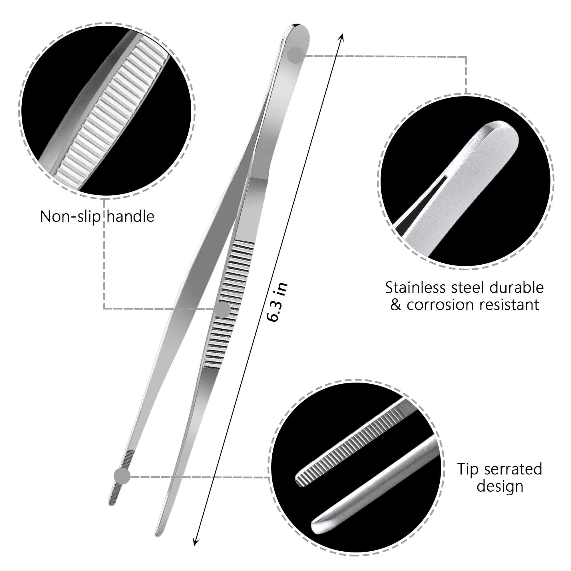 5Pcs 6.3 Inch Food Tweezers Tongs Stainless Steel With Precision Serrated Tips, Kitchen Tweezers Tongs Set For Cooking, Baking,