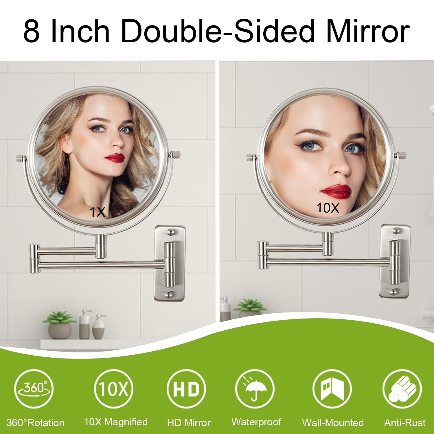 LANSI Wall Mounted Makeup Mirror  1x/10x Double-Side Magnifying Mirror 8 Inch Vanity Mirror  360
