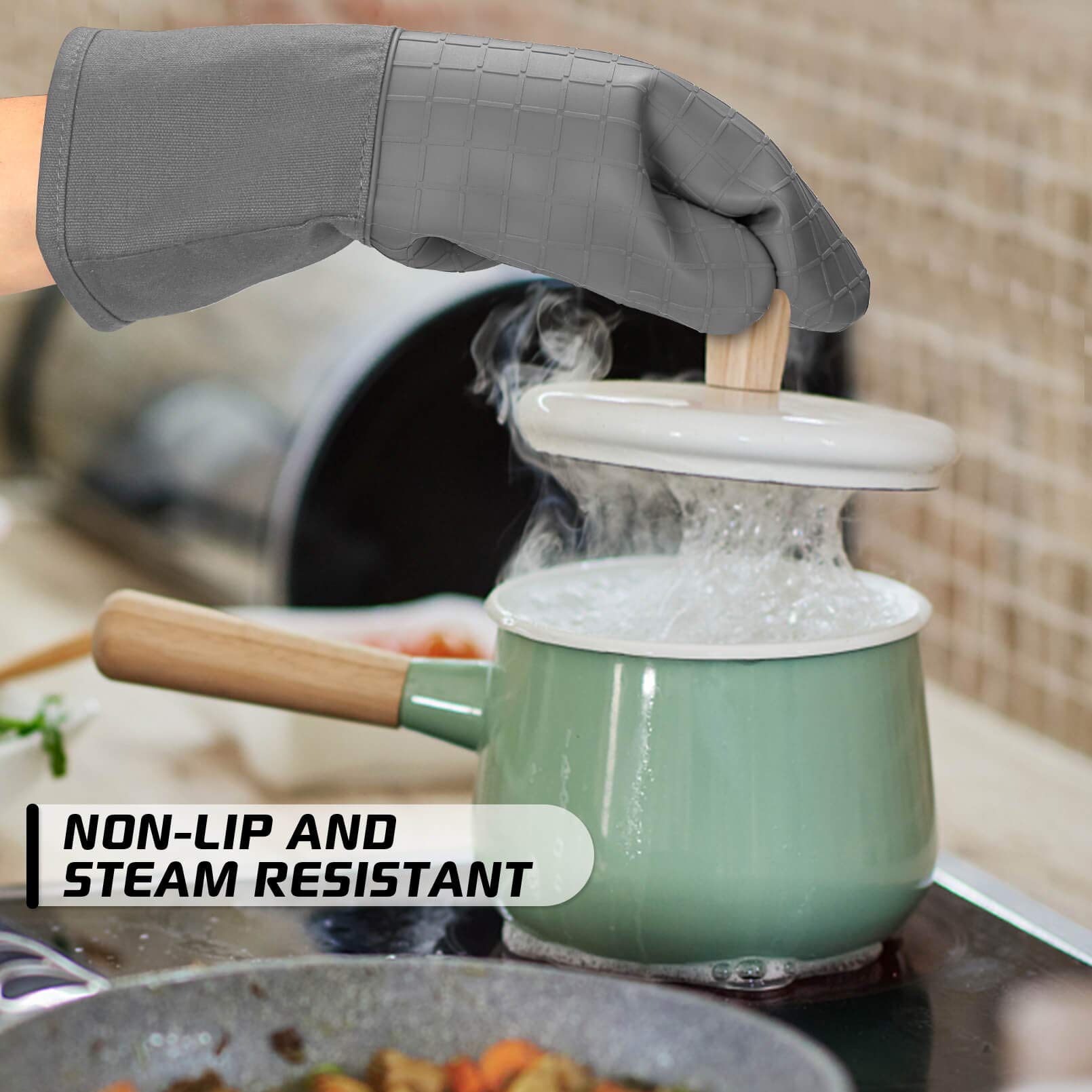 Homwe Silicone Oven Mitts And Pot Holders For Kitchen & Baking - Set Of 4 Heat-Resistant, Heavy-Duty Cooking Mittens W/Non-Slip,