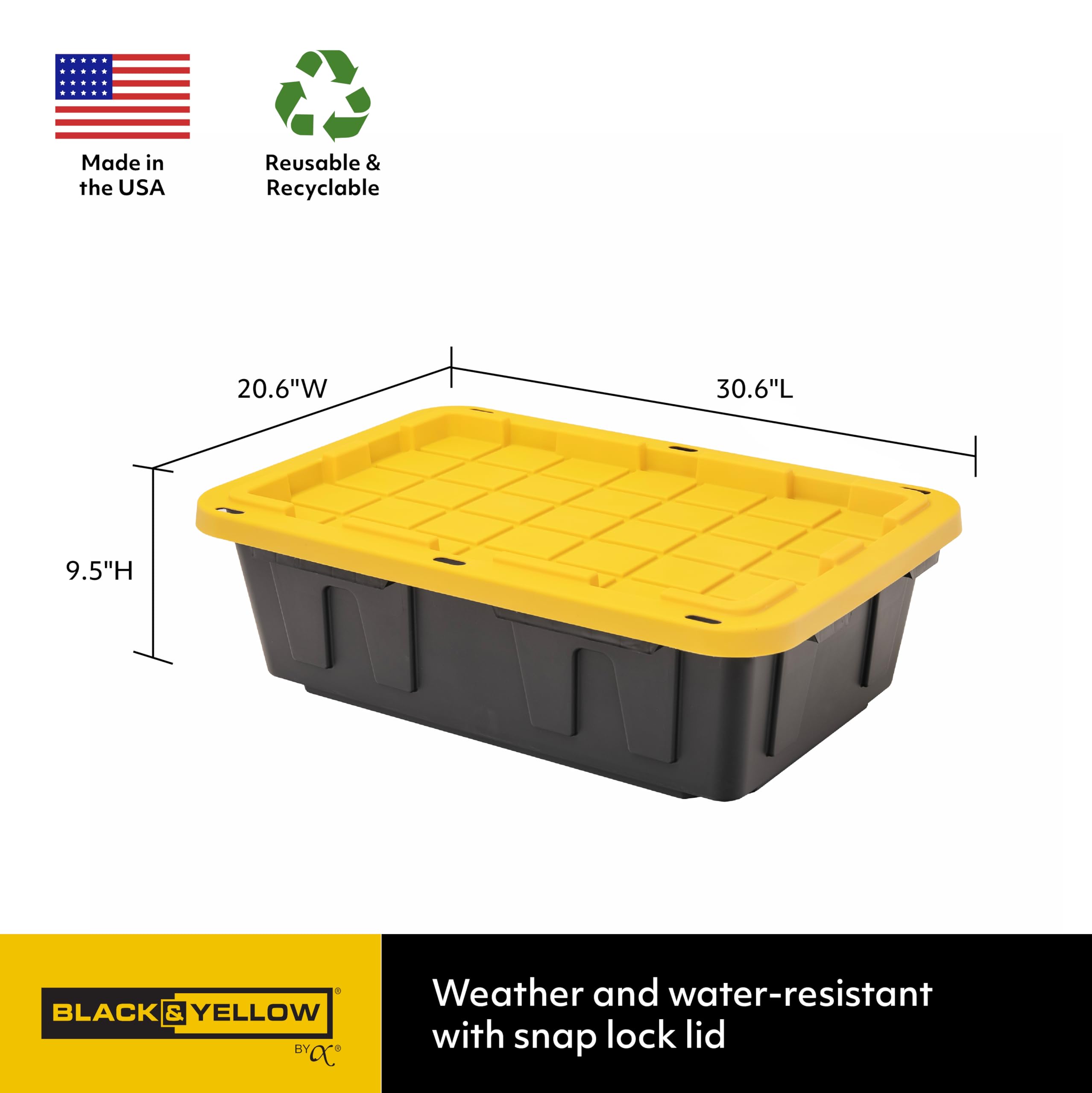Cx Black & Yellow, 15-Gallon Heavy Duty Tough Storage Container & Snap-Tight Lid, (9.5   H X 20.6   W X 30.6   D), Weather-Resis