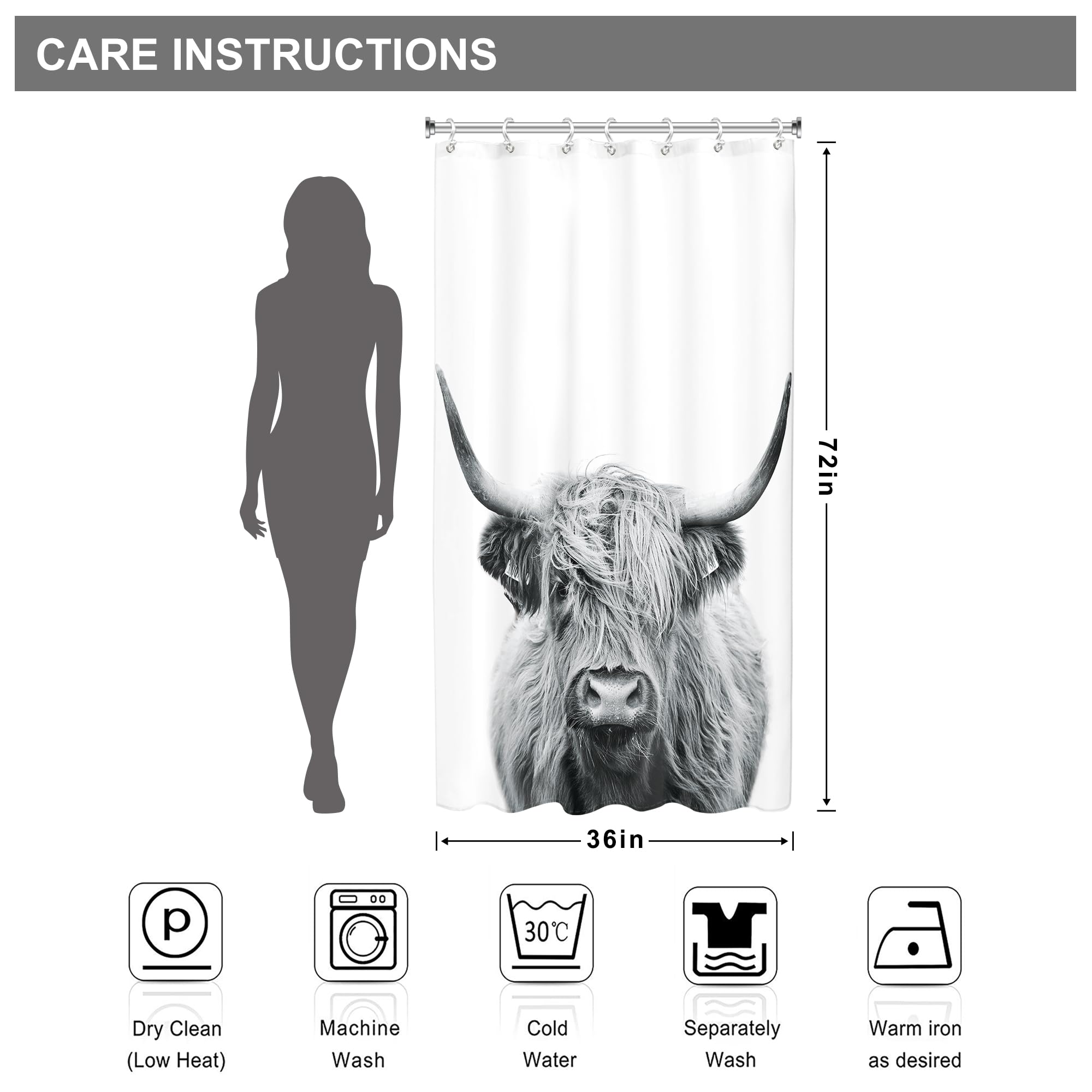 Ambzek Small Stall Highland Cow Shower Curtain 36Wx72L Inch Western Bull Single Half Rv Farmhouse Cattle Country Funny Artwork C