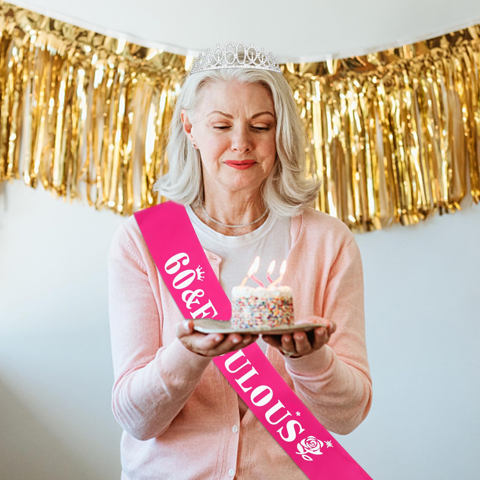 Casoty Silver 60th Birthday Sash and Tiara, 60th Birthday Decorations for Women, 60 & FABULOUS Sash and Crown Set, Party Supplie
