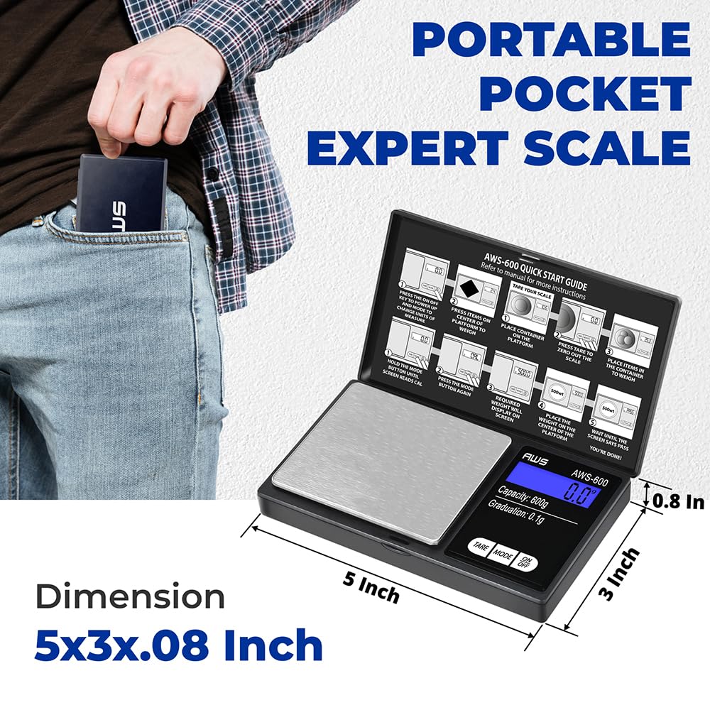 American Weigh Scales Digital Pocket Scale 600g x 0.1g with LCD Display Gram, Ounce, Carat, Grain for Coins, Jewellery, Gemstone