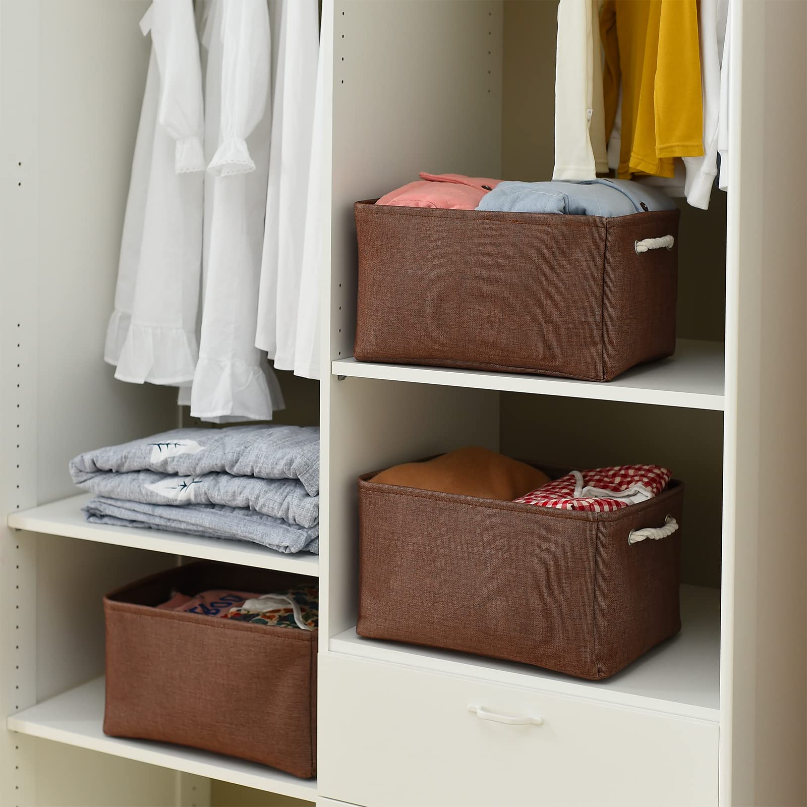 Thewarmhome Decorative Basket Rectangular Fabric Storage Bin Organizer Basket With Handles For Clothes Storage (Brown,Large-3Pac