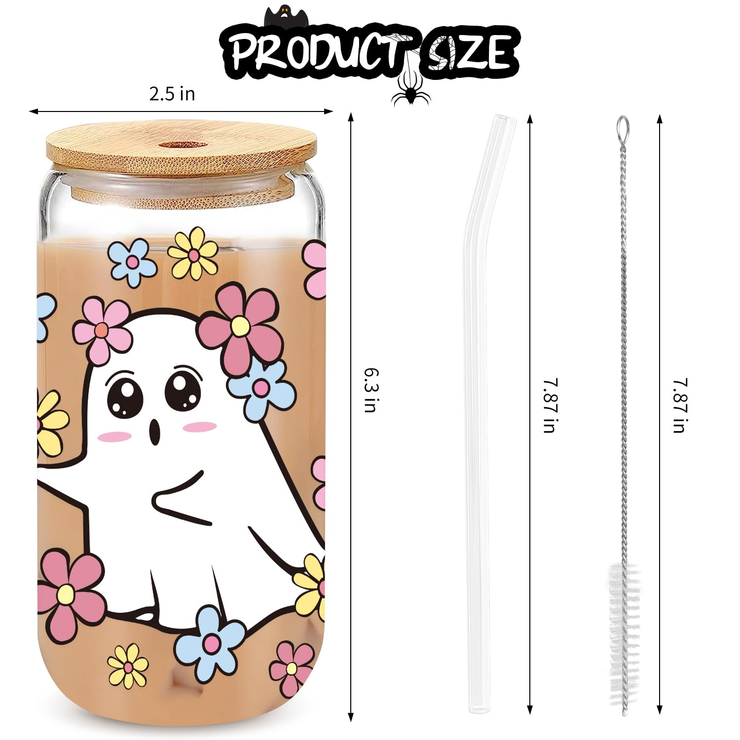 UAREHIBY Halloween Ghost Glass Cup, Cute Boo Basket Stuffers for Women, 18oz Floral Daisy Ghost Spooky Iced Coffee Glass Tumbler