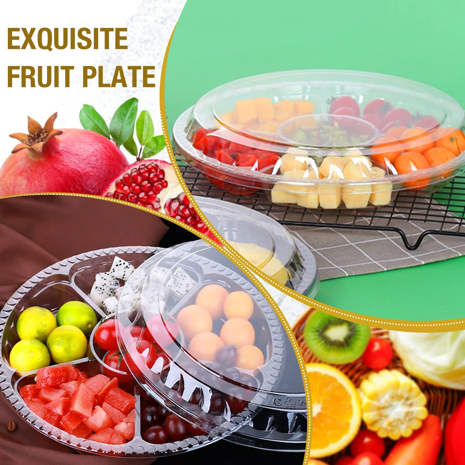 10 Pcs Round Plastic Appetizer Tray With Lid - Divided Serving Tray, Disposable Food Storage Trays Containers, Plastic Tray Stor