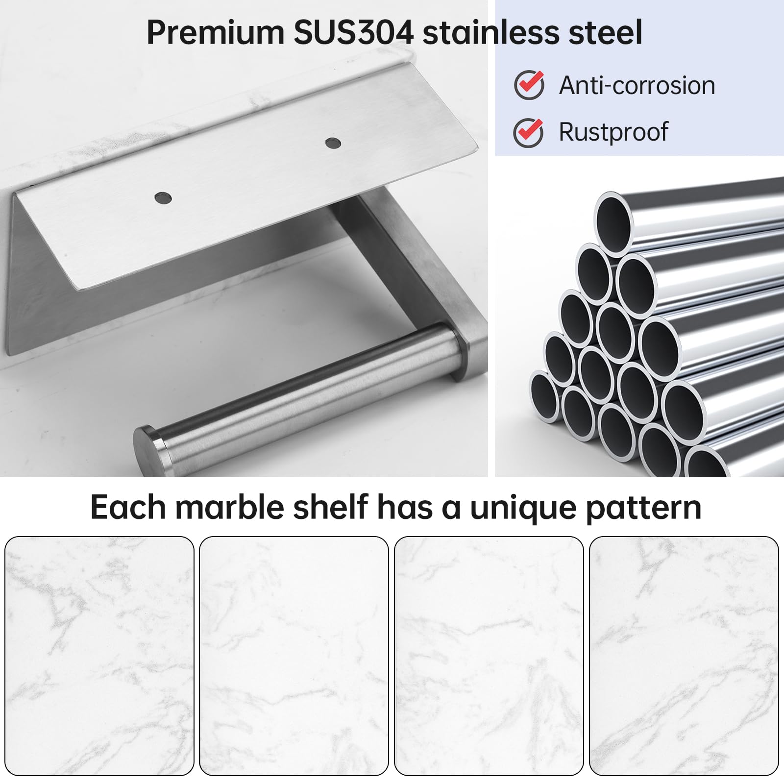 Hronta Toilet Paper Holder With Marble Shelf, Sus304 Stainless Steel Wall Mounted Toilet Paper Holder And 2 Pcs Free Adhesive Ho