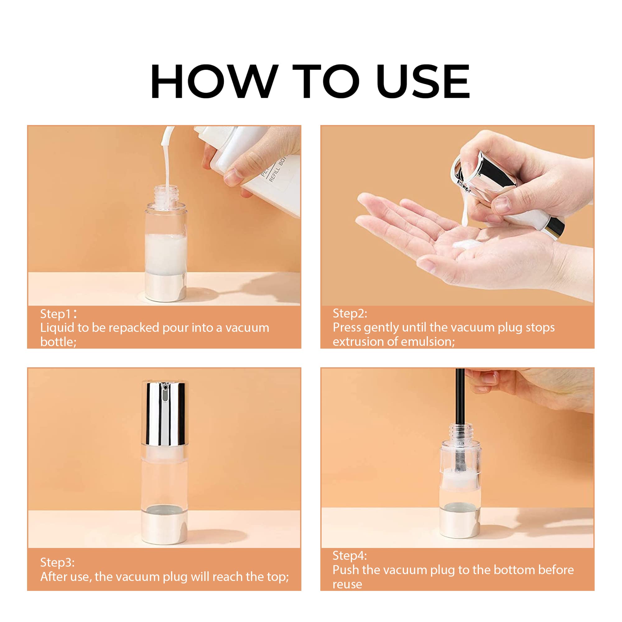 Longway 15Ml Airless Pump Bottle Silver Airless Cosmetic Cream Pump Bottle Travel Size Dispenser Refillable Containers(0.5Oz,Pac