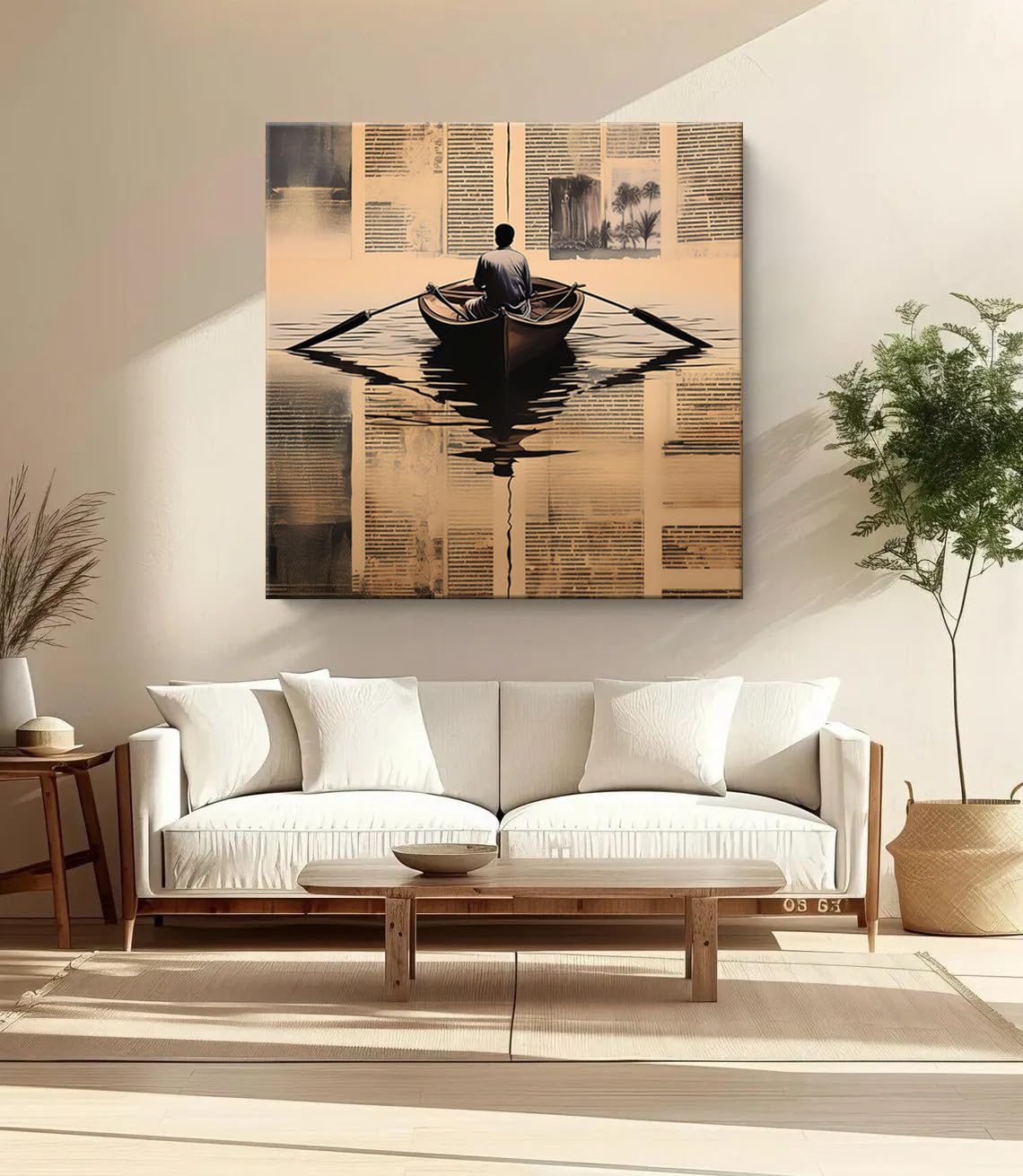 999Store Solitary Voyage: A Thoughtful Rowing Boat Canvas Painting Reflecting Artistic Introspection, Perfect For Symbolic Journ