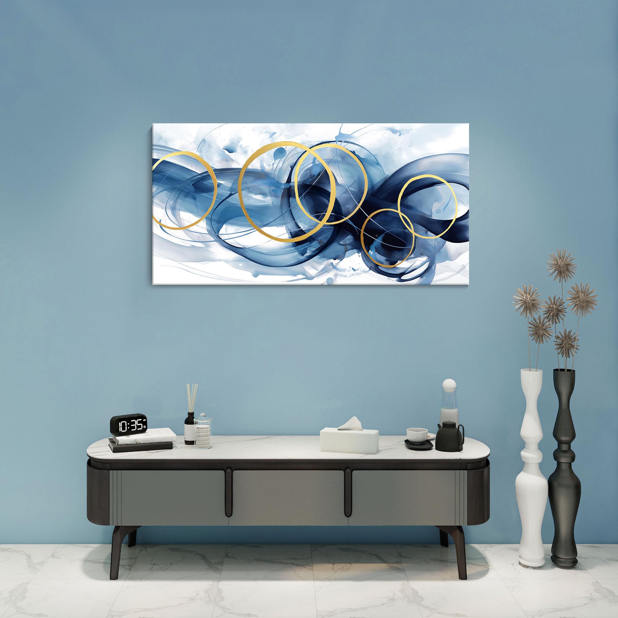 Hkdgoka Wall Art Living Room - Large Abstract Gold Blue Gradient Paintings Wall Canvas Artwork Modern Office Bedroom Pictures Fo