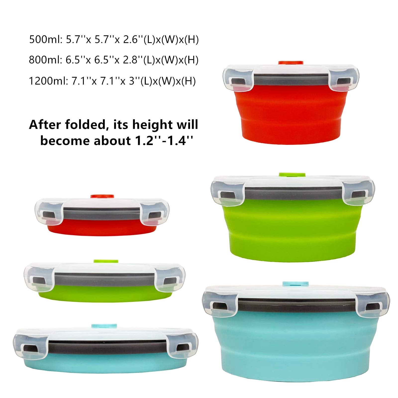 Cartints Round Collapsible Bowls With Lids, Reusable Silicone Food Storage Containers, 3Pack 500-800-1200Ml, Stackable Space Sav