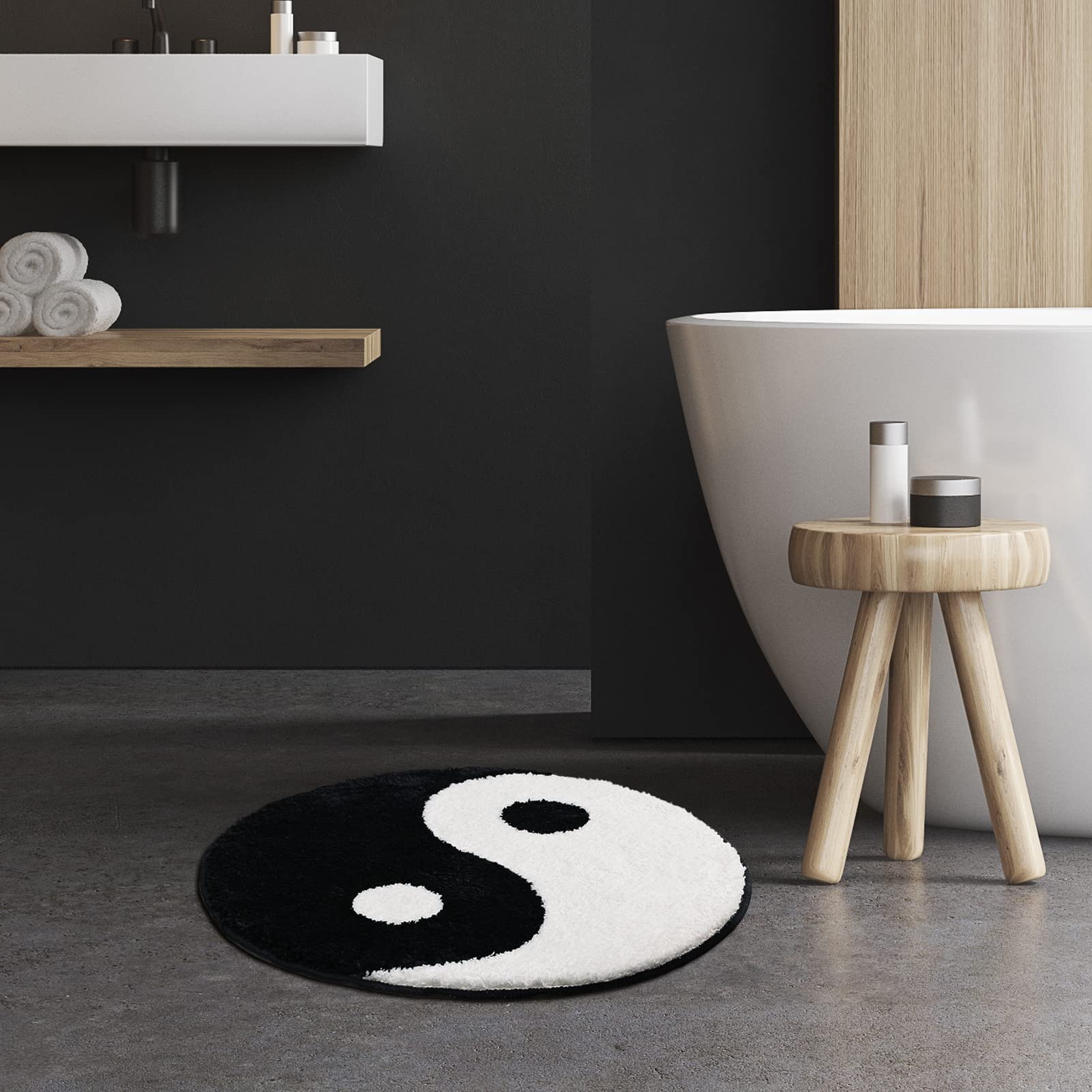 TRUEDAYS Yin Yang Bath Mat for Bathroom Floor  Circle Black and White Anti Slip Bath Rug  Round Ultra Soft and Fluffy Machine Washable Bathroom Rugs