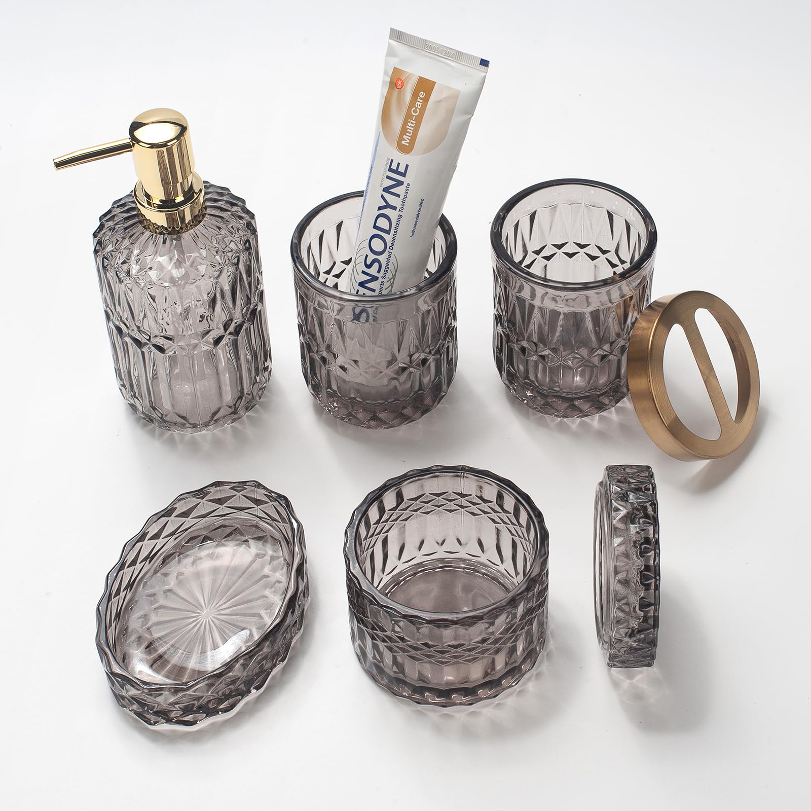 Ivailex 5Pcs Grey Glass Bathroom Accessories Sets Of Lotion Dispenser, Soap Dish, Toothbrush Holder, Tumbler, Cotton Swab Jars,