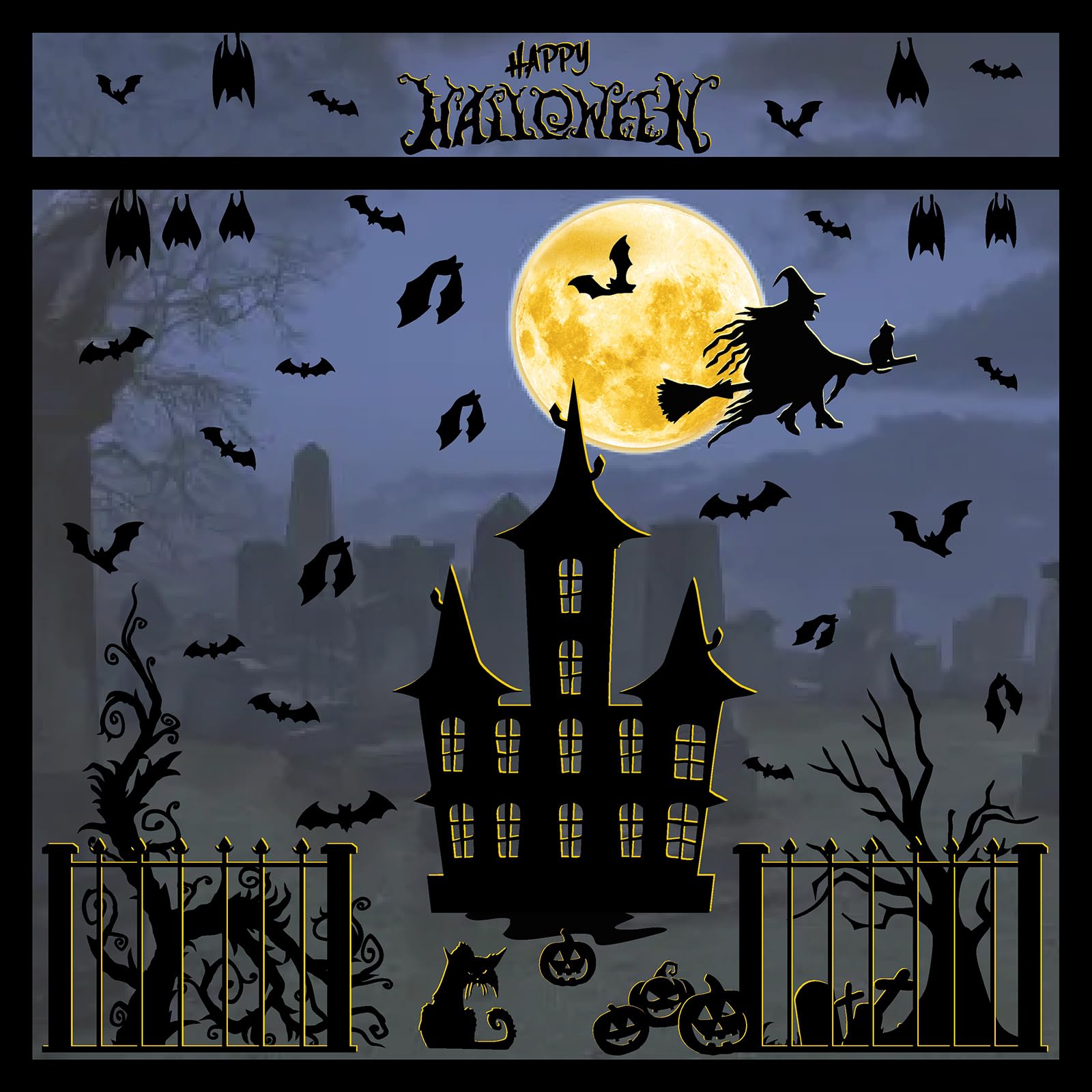 Halloween Bat Wall Decals Moon Witch Wall Stickers Large Spooky Tree Wall Decals Castle Pumpkin Vinyl Bat Wall Decals Removable