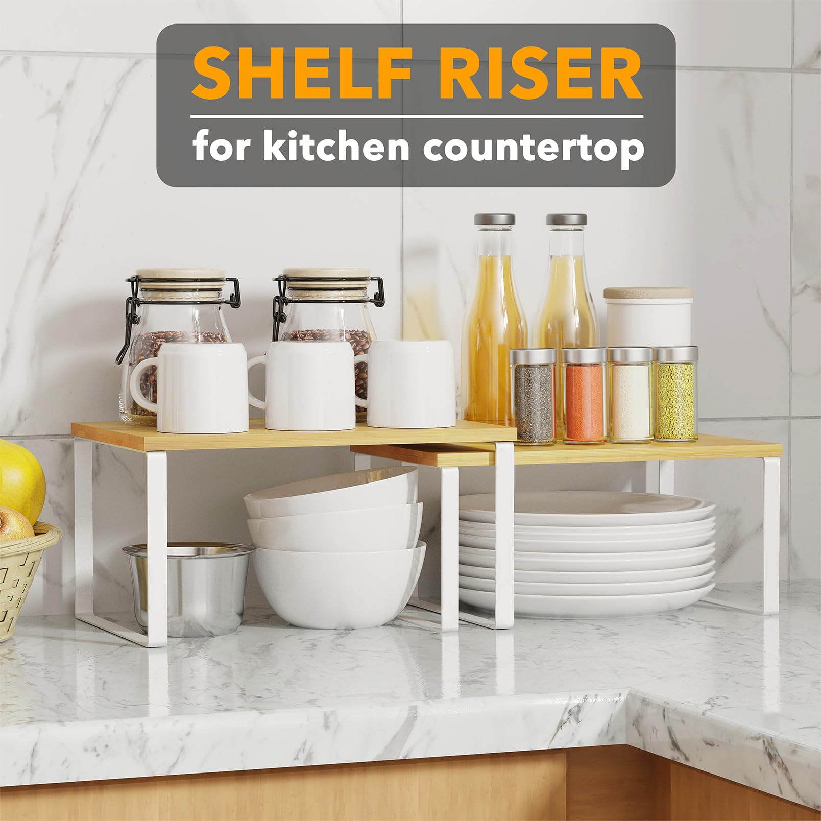 Spaceaid Cabinet Shelf Organizers 2 Pack, Kitchen Counter Rack Shelves Riser, Stackable Expandable Spice Rack, Pantry Cupboard S