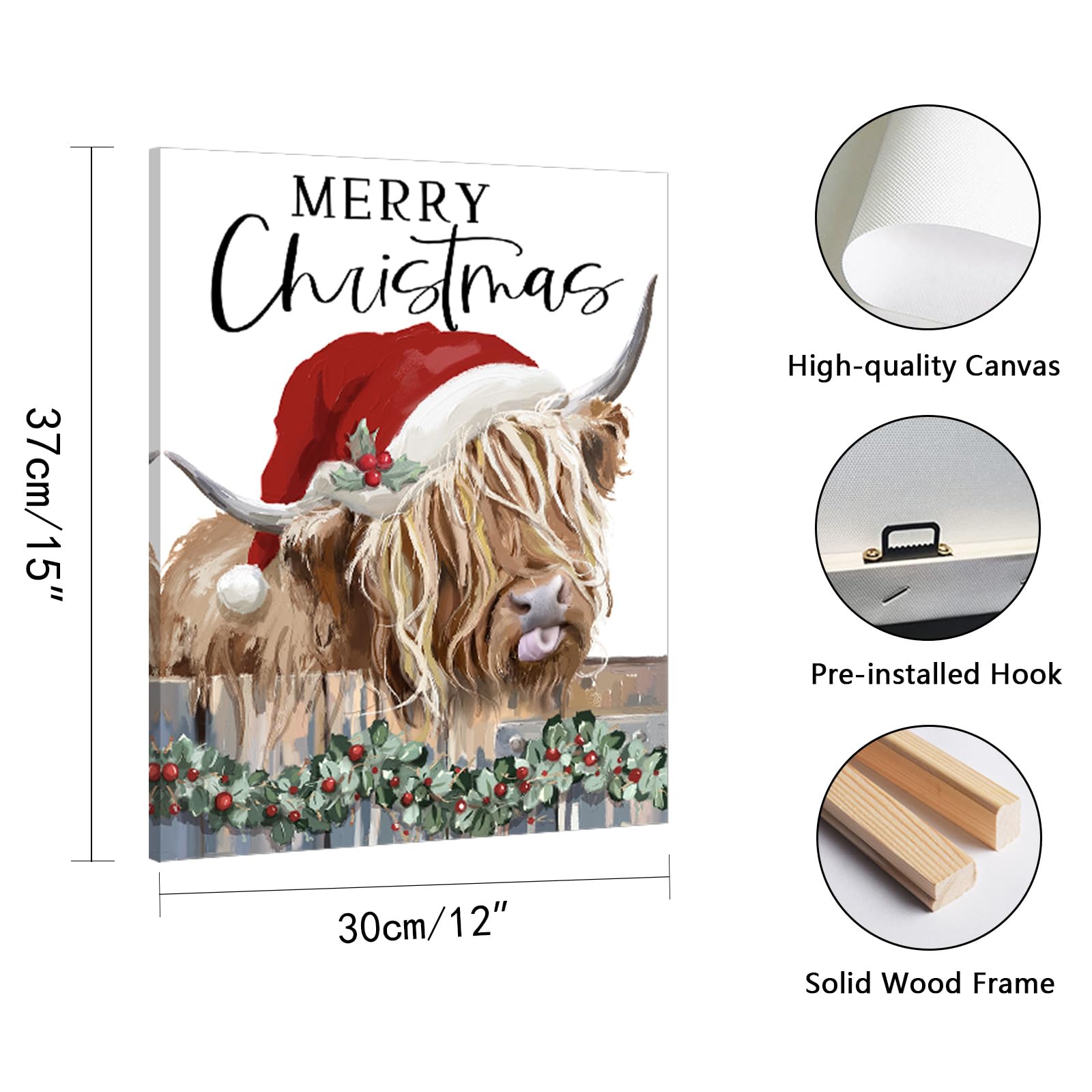 Christmas Highland Cow Wall Decor:Merry Christmas Canvas Wall Art Cow Pictures Farm Animal Prints Xmas Holiday Decorations Farmh