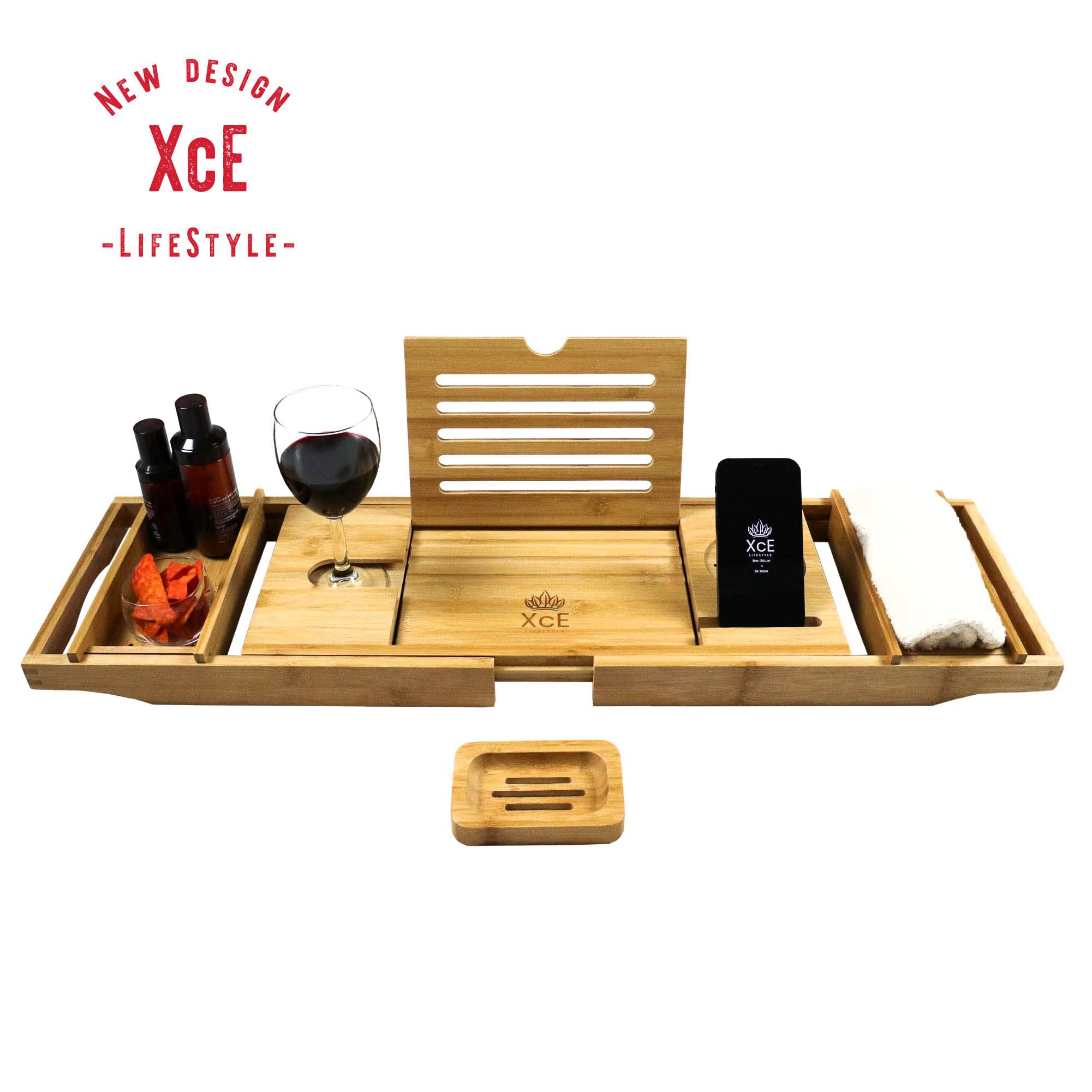 Xce Bathtub Caddy Tray (Natural)- Bamboo Wood Bath Tray And Bath Caddy For A Home Spa Experience