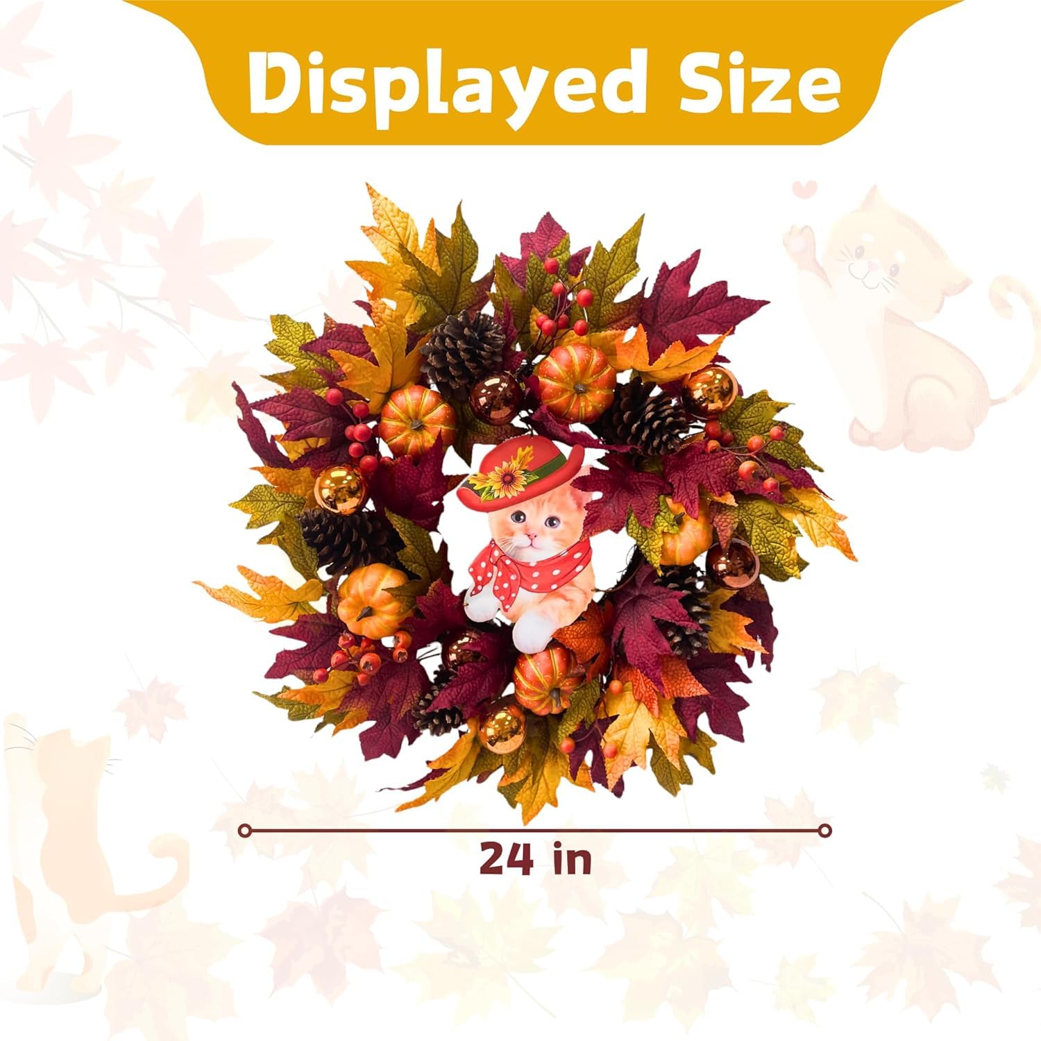 24 Fall Wreath with Pumpkins, Maple Leaves & Timer LED Lights - Autumn Front Door Wreath with Removable Cat Decor, Thanksgiving