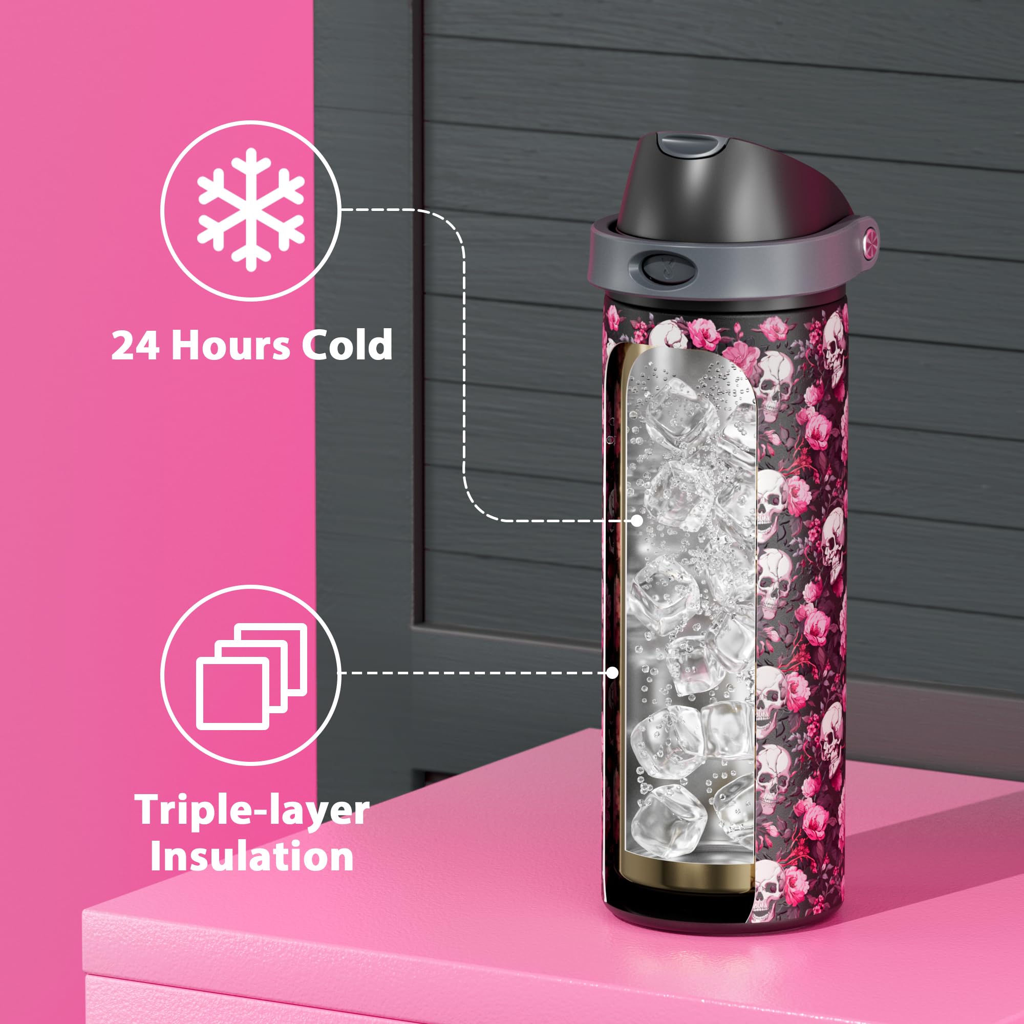 24 oz Insulated Water Bottle for Halloween: Meoky Stainless Steel Water Bottle with Straw and Spout Lid - Leak Proof, Cold for 2