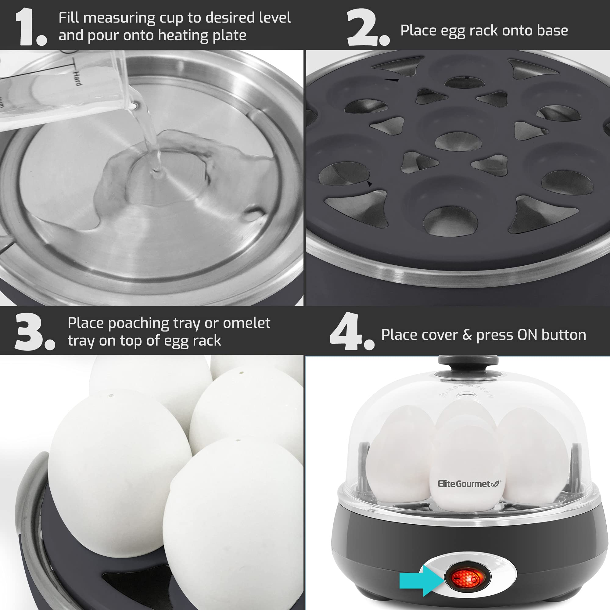 Elite Gourmet Egc007Chc# Rapid Egg Cooker, 7 Easy-To-Peel, Hard, Medium, Soft Boiled Eggs, Poacher, Omelet Maker, Auto Shut-Off,