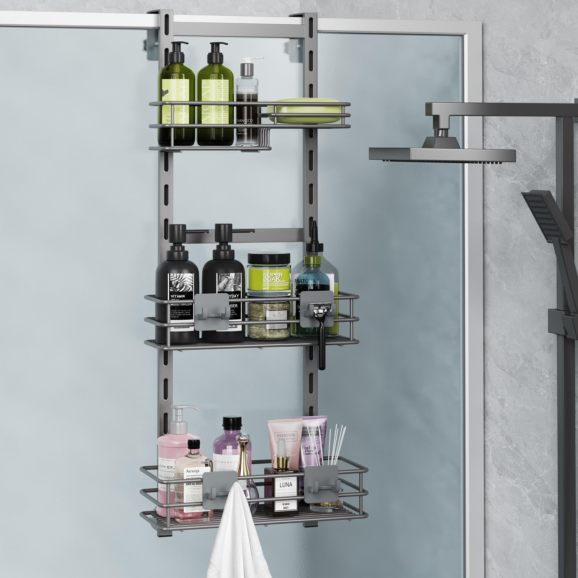 Orimade Over the Door Shower Caddy Adjustable 3 Tier Dark Grey,Bathroom Hanging Organizer Shelf Rustproof with 4 Hooks,Shower Ba