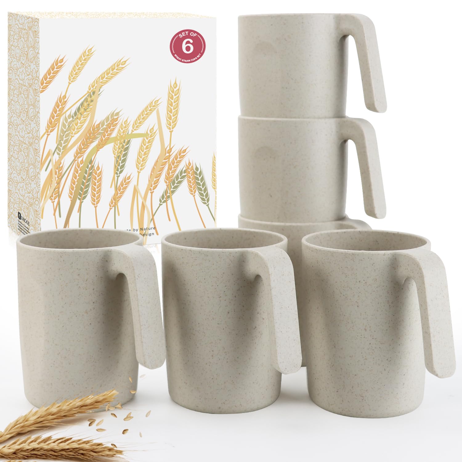 Wrova 16oz Wheat Straw Cups with handles set of 6-Plastic Cups Reusable-Unbreakable Kids Mugs-Dishwasher Safe & Microwave Safe-I