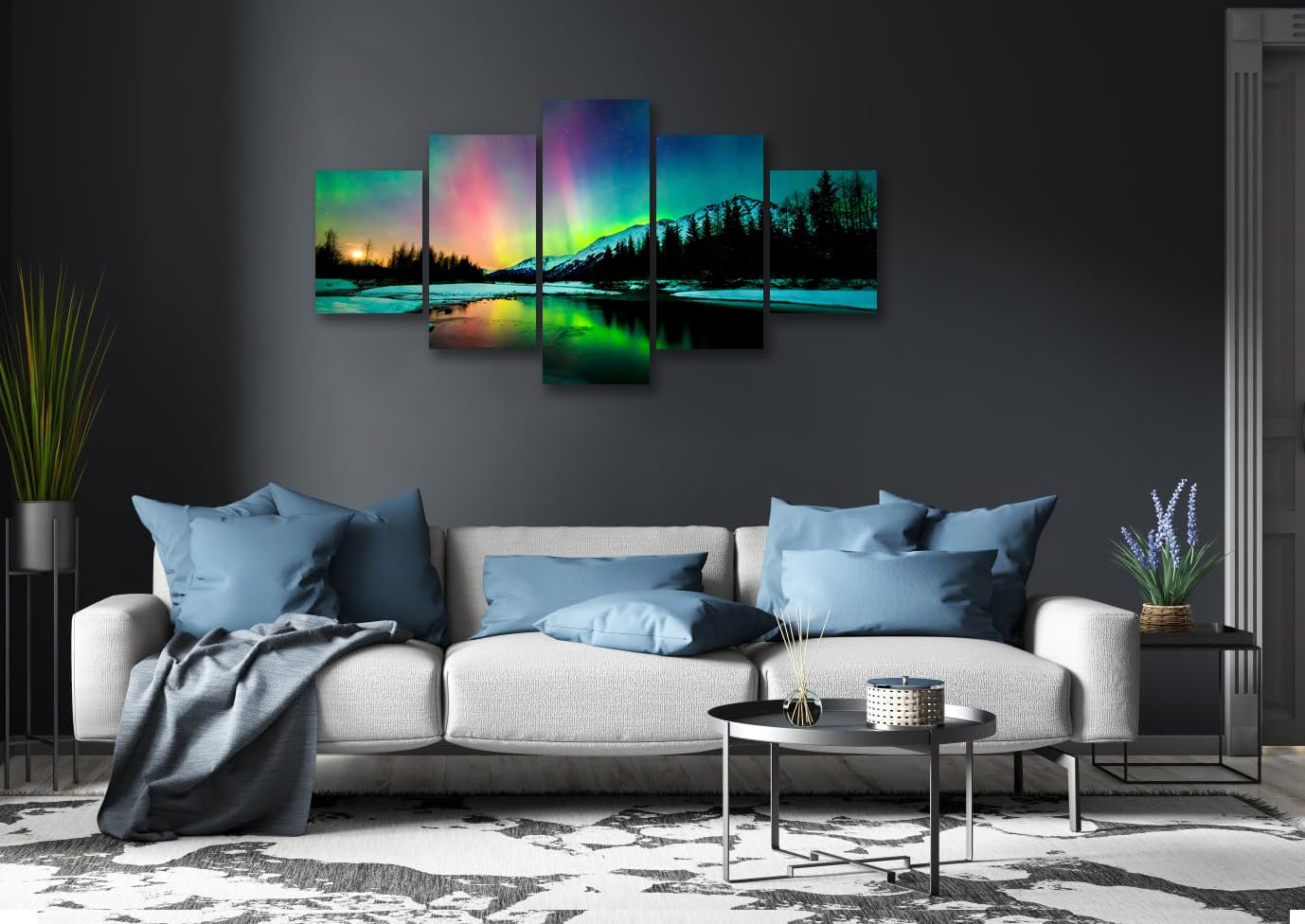 Aurora Borealis Canvas Wall Art Northern Lights Canvas Print Painting For Living Room Snowy-Mountains-Landscape Poster Picture W