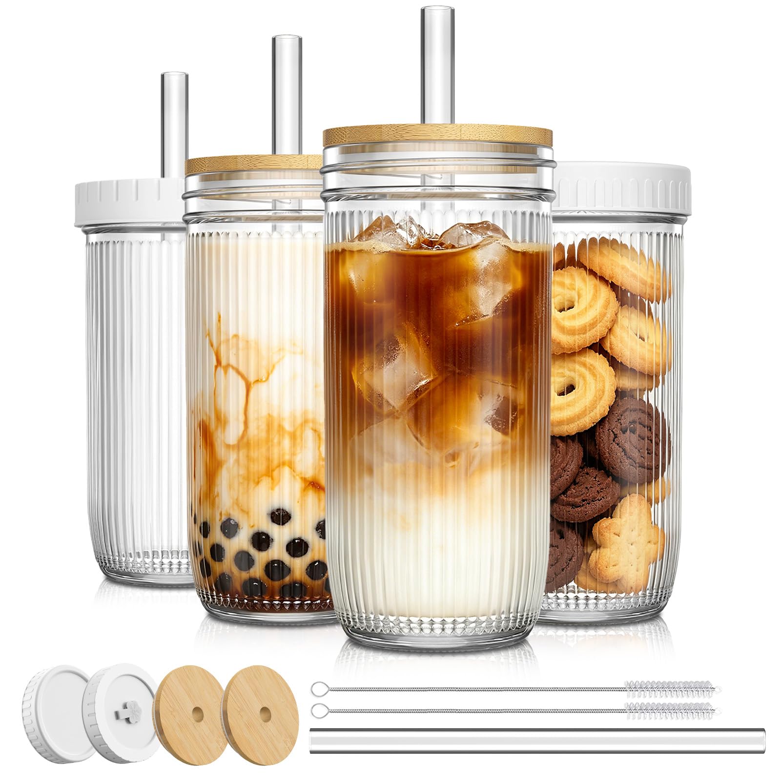 SoulTimes 24oz Mason Jar Drinking & Storage Ribbed Glass Tumbler with Straw and Lid. Wide Mouth Boba Cups for Ice Coffee, Smoot