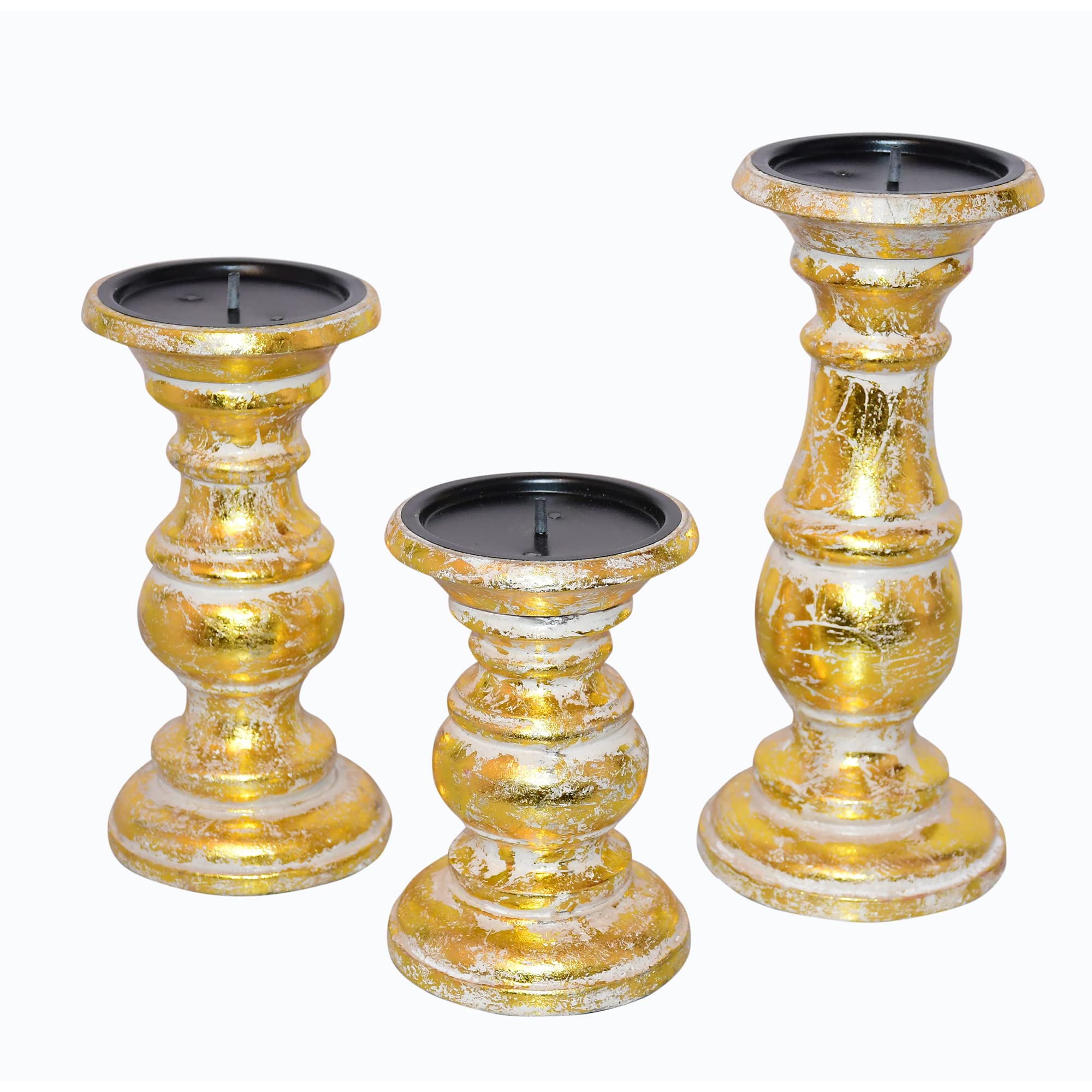 The Urban Port Wooden Candleholder with Turned Pedestal Base, Set of 3, Distressed Gold